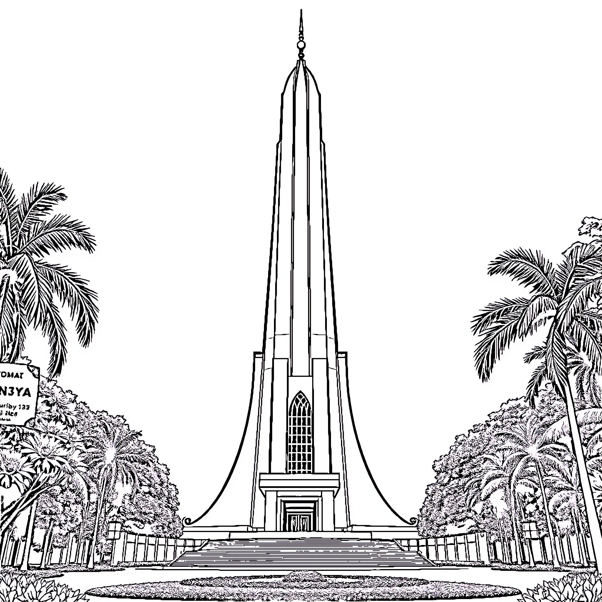 Monumen Nasional with lush palm trees in landscape Coloring Page (free black-and-white line drawing printable PDF for all, from beginners to advanced learners, including children, teens, adults, and seniors)