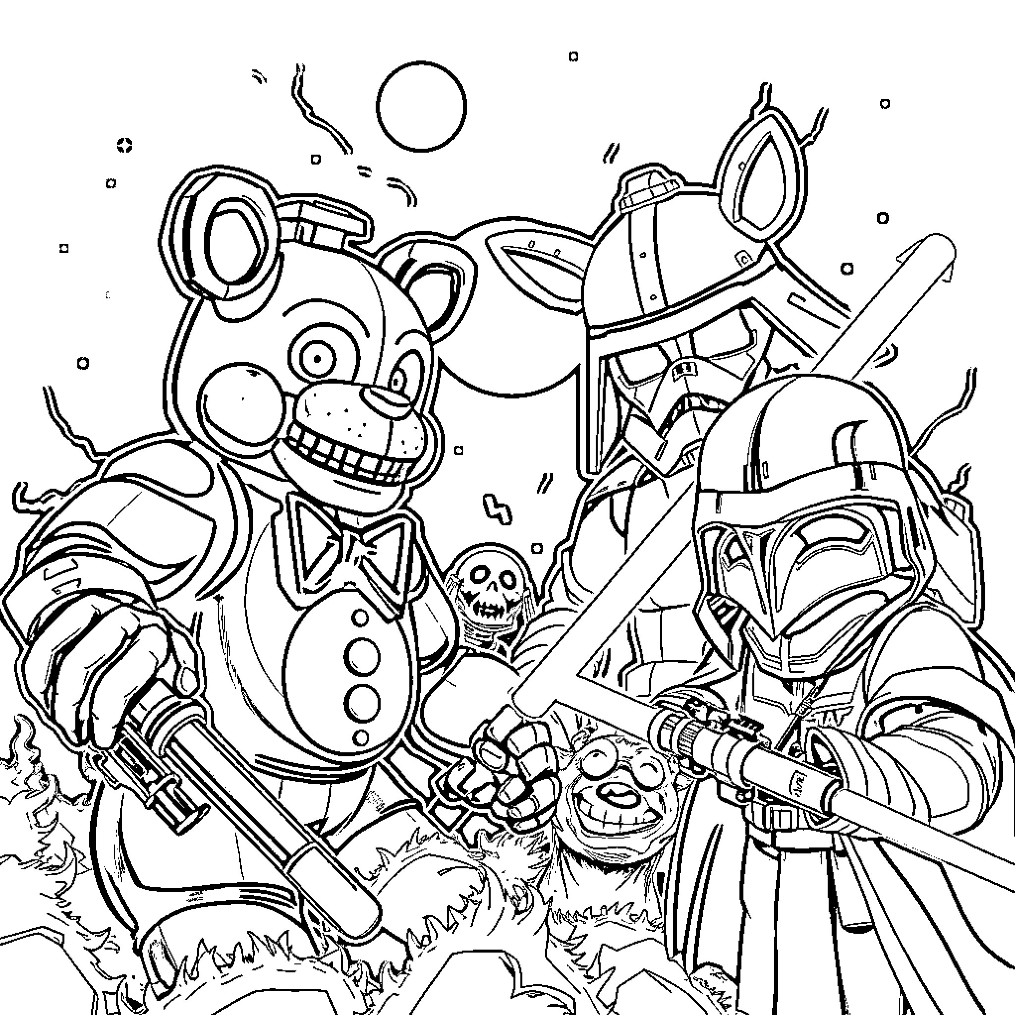 Five Nights At Freddy's Spooky Animatronic Encounter Coloring Page (free black-and-white line drawing printable PDF for all, from beginners to advanced learners, including children, teens, adults, and seniors)