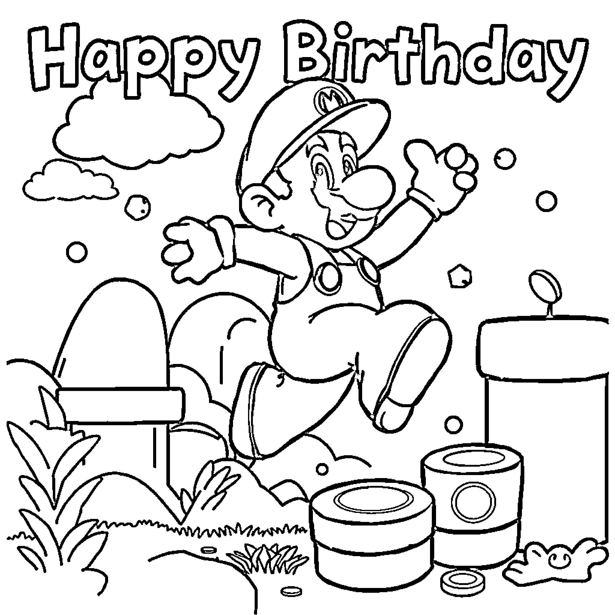 Mario celebrating happy birthday with party decorations Coloring Page (free black-and-white line drawing printable PDF for all, from beginners to advanced learners, including children, teens, adults, and seniors)
