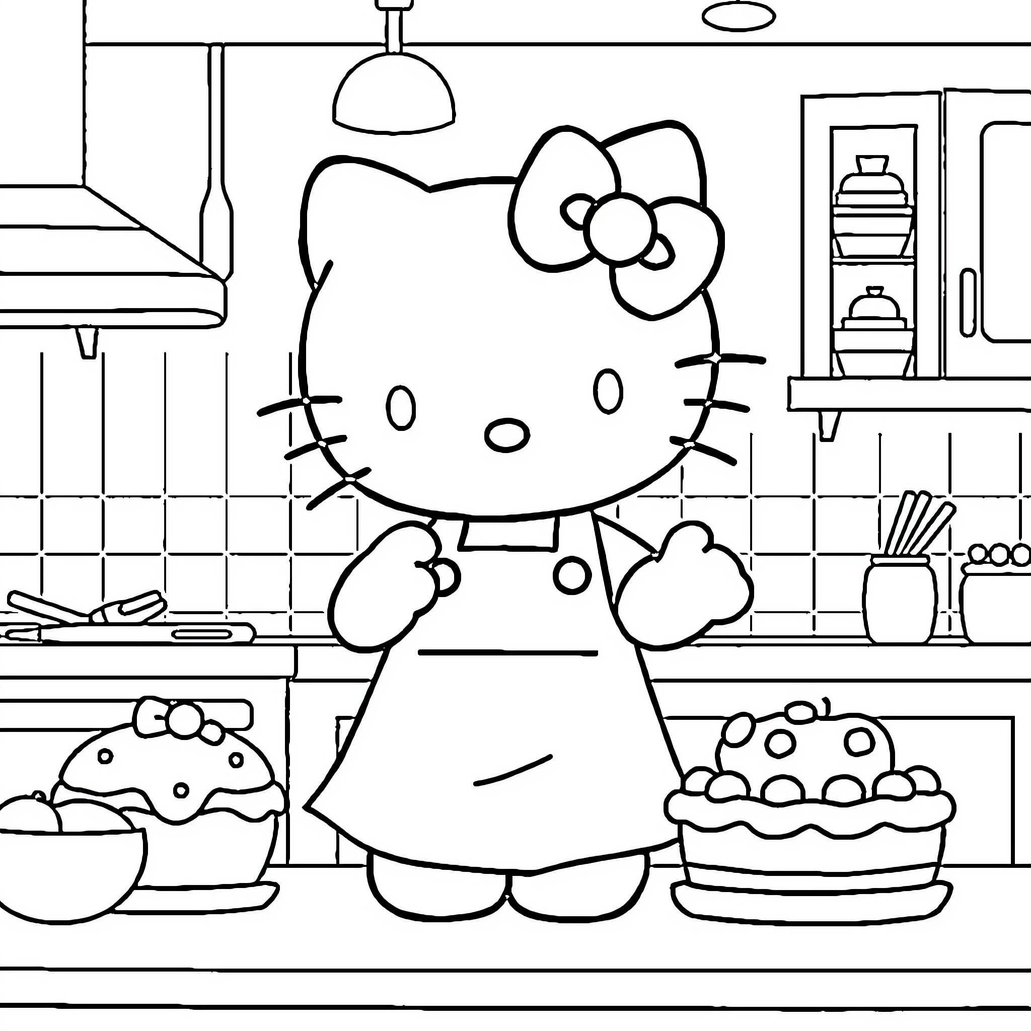 Hello Kitty Baking in the Kitchen Coloring Page (free black-and-white line drawing printable PDF for all, from beginners to advanced learners, including children, teens, adults, and seniors)