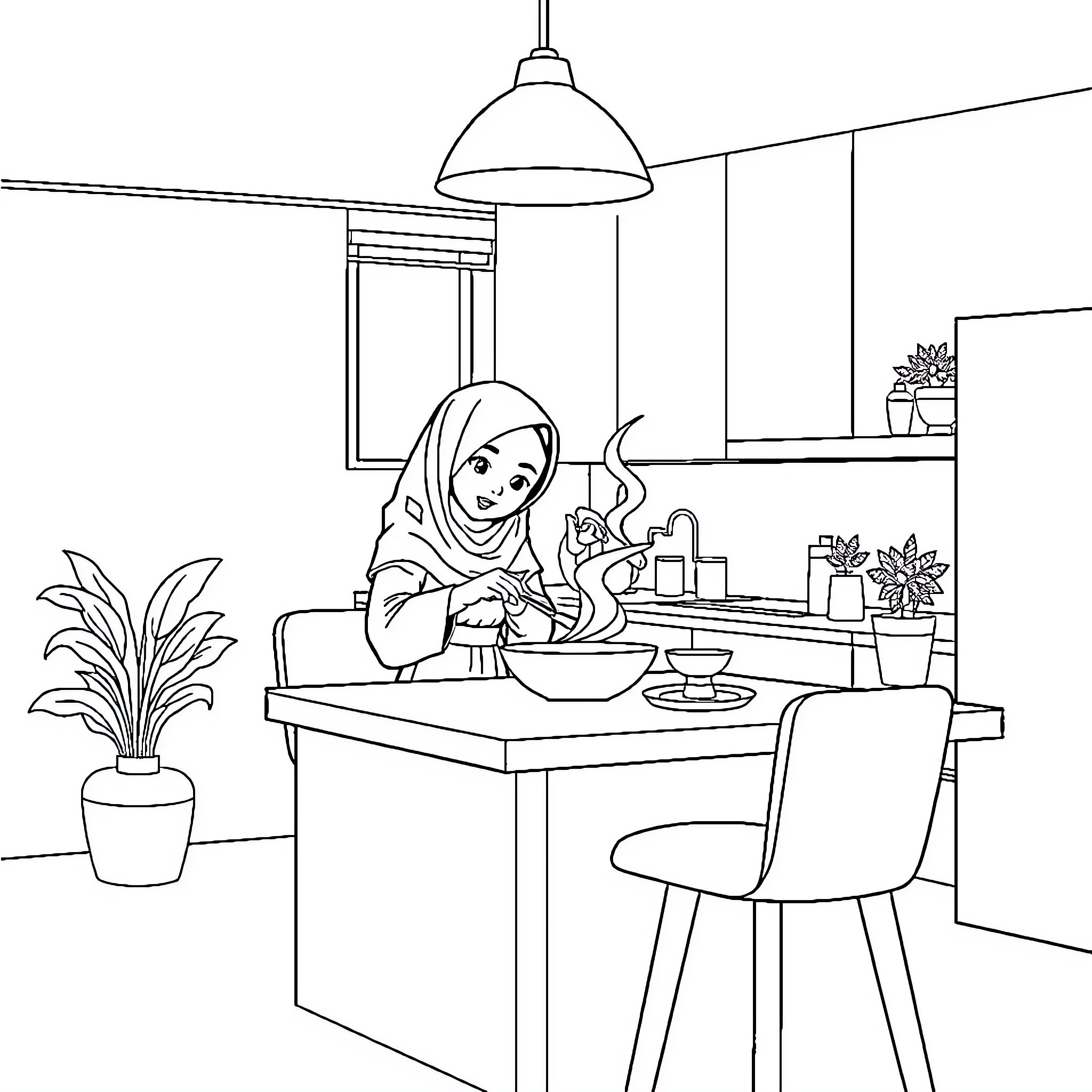 Pemuda working diligently in a cozy kitchen Coloring Page (free black-and-white line drawing printable PDF for all, from beginners to advanced learners, including children, teens, adults, and seniors)