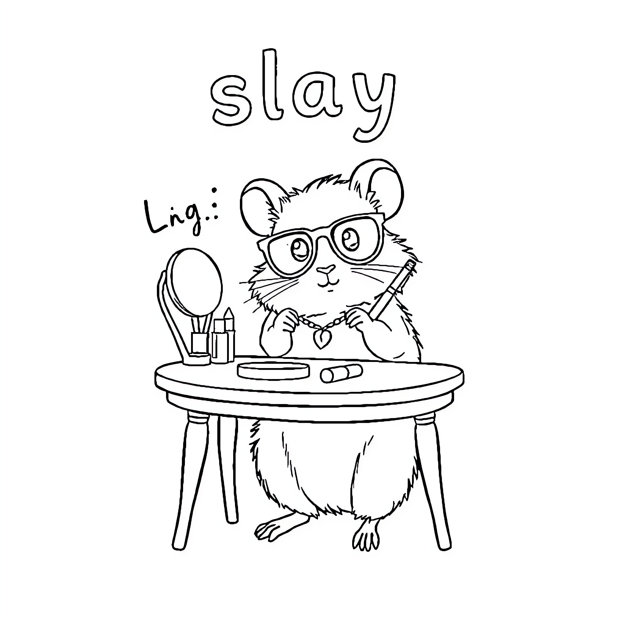 Hamster playing with makeup on a desk Coloring Page (free black-and-white line drawing printable PDF for all, from beginners to advanced learners, including children, teens, adults, and seniors)