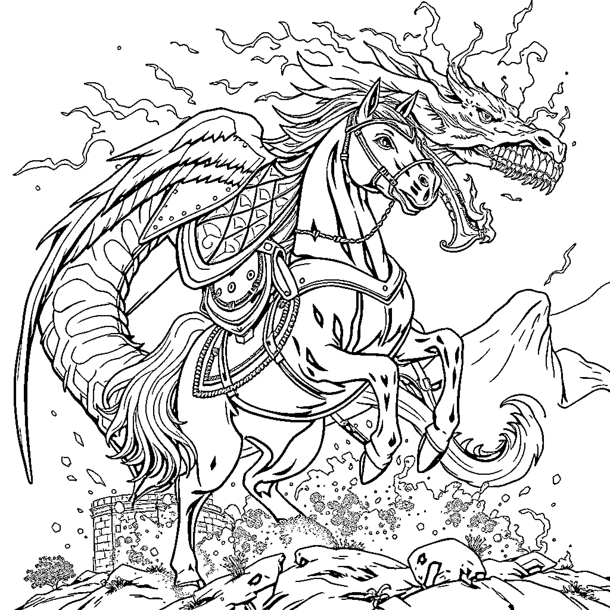 Knight riding a fierce mythical winged horse Coloring Page (free black-and-white line drawing printable PDF for all, from beginners to advanced learners, including children, teens, adults, and seniors)