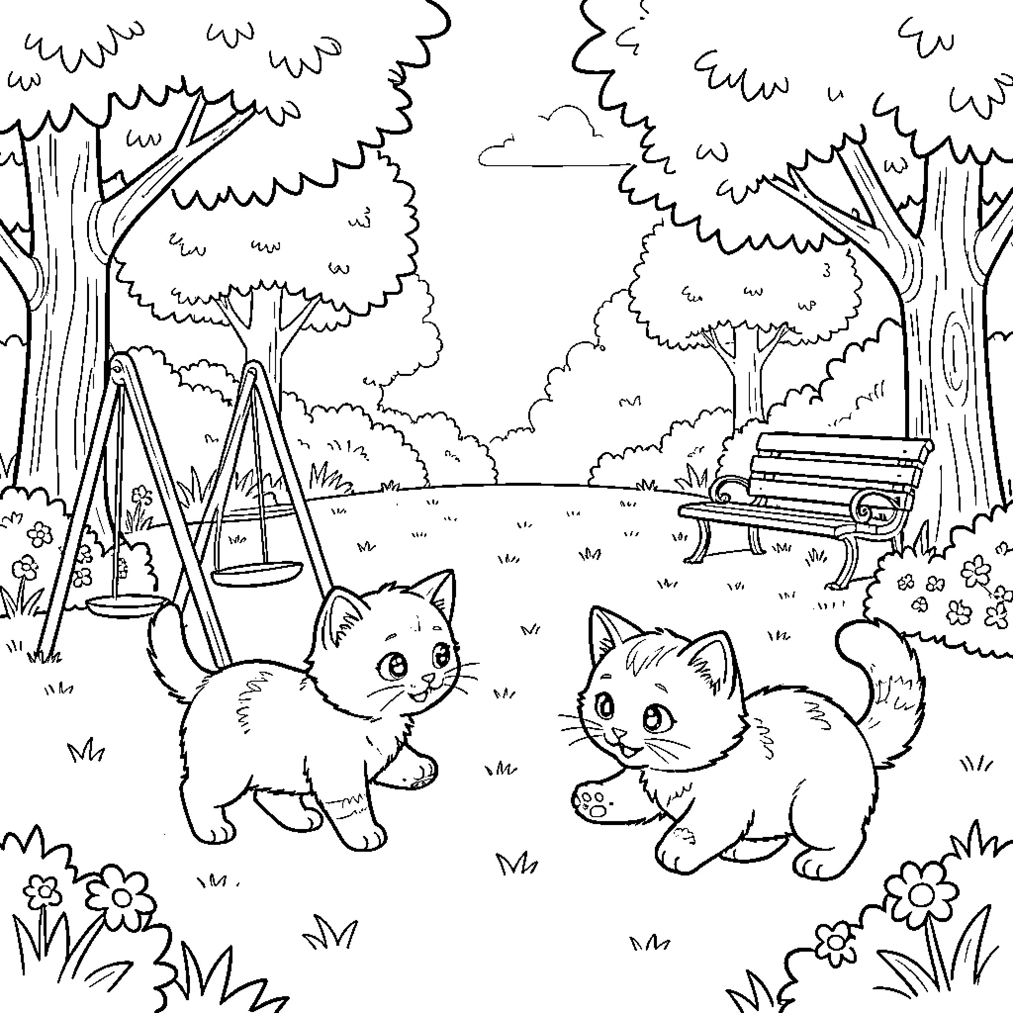 Gatito playing joyfully in a sunny park Coloring Page (free black-and-white line drawing printable PDF for all, from beginners to advanced learners, including children, teens, adults, and seniors)