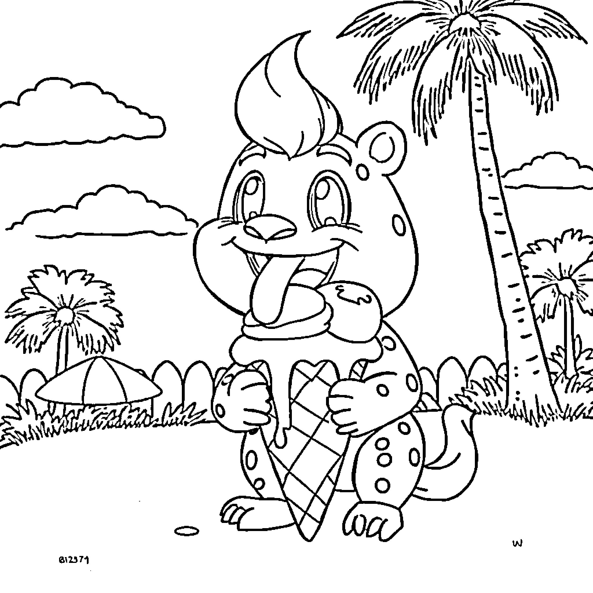 Labubu's Tropical Excursion Coloring Page (free black-and-white line drawing printable PDF for all, from beginners to advanced learners, including children, teens, adults, and seniors)