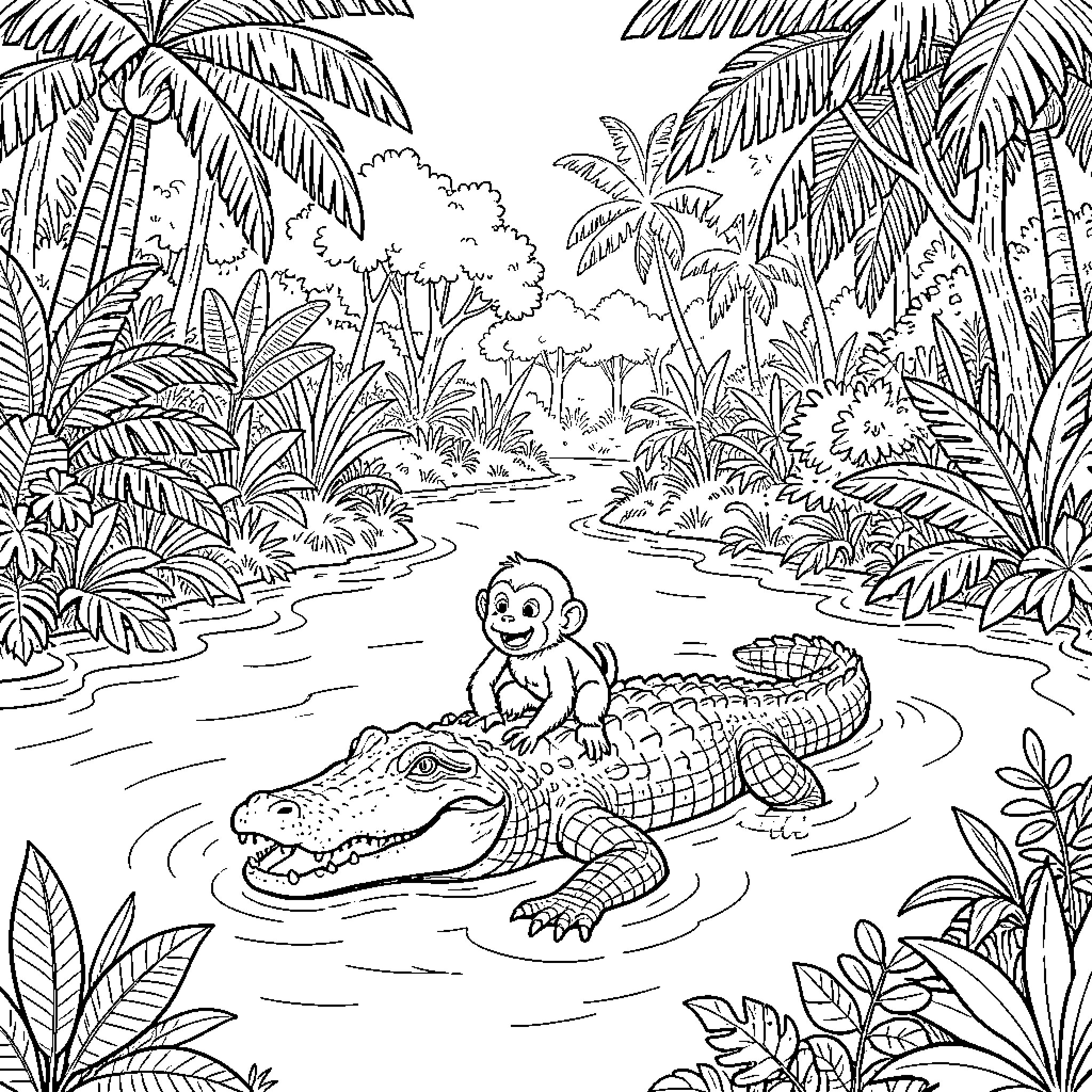 Monkey playing in the tropical jungle Coloring Page (free black-and-white line drawing printable PDF for all, from beginners to advanced learners, including children, teens, adults, and seniors)