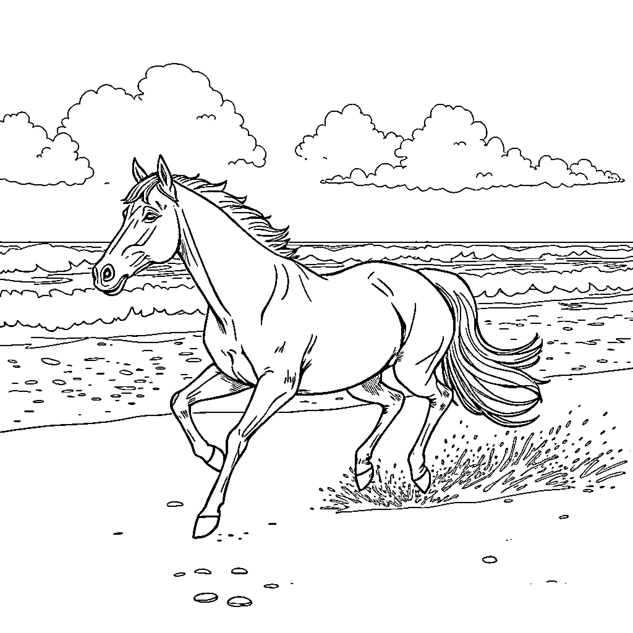 Horse galloping on the beach Coloring Page (free black-and-white line drawing printable PDF for all, from beginners to advanced learners, including children, teens, adults, and seniors)