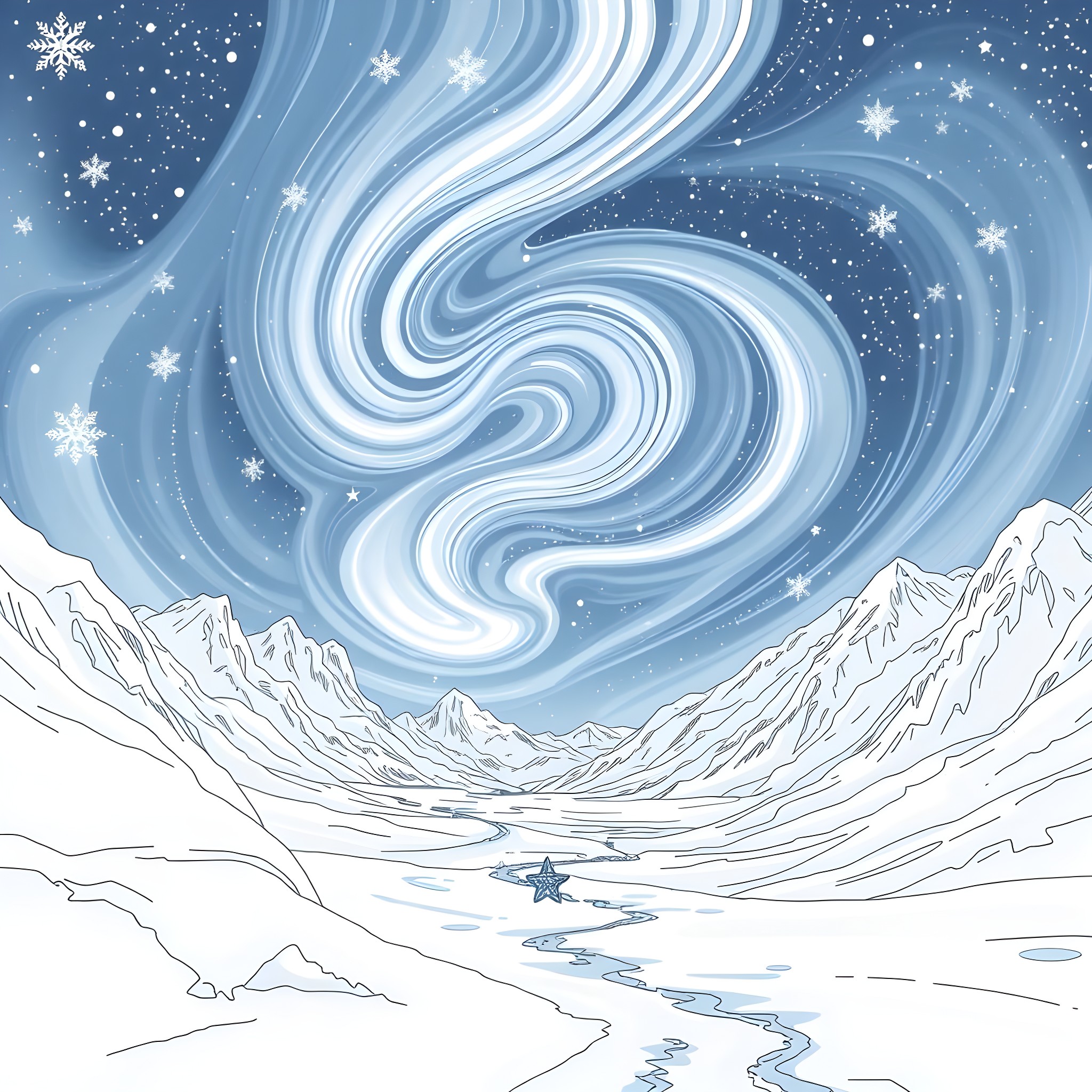 Northern Light swirling in the winter sky Coloring Page (free black-and-white line drawing printable PDF for all, from beginners to advanced learners, including children, teens, adults, and seniors)