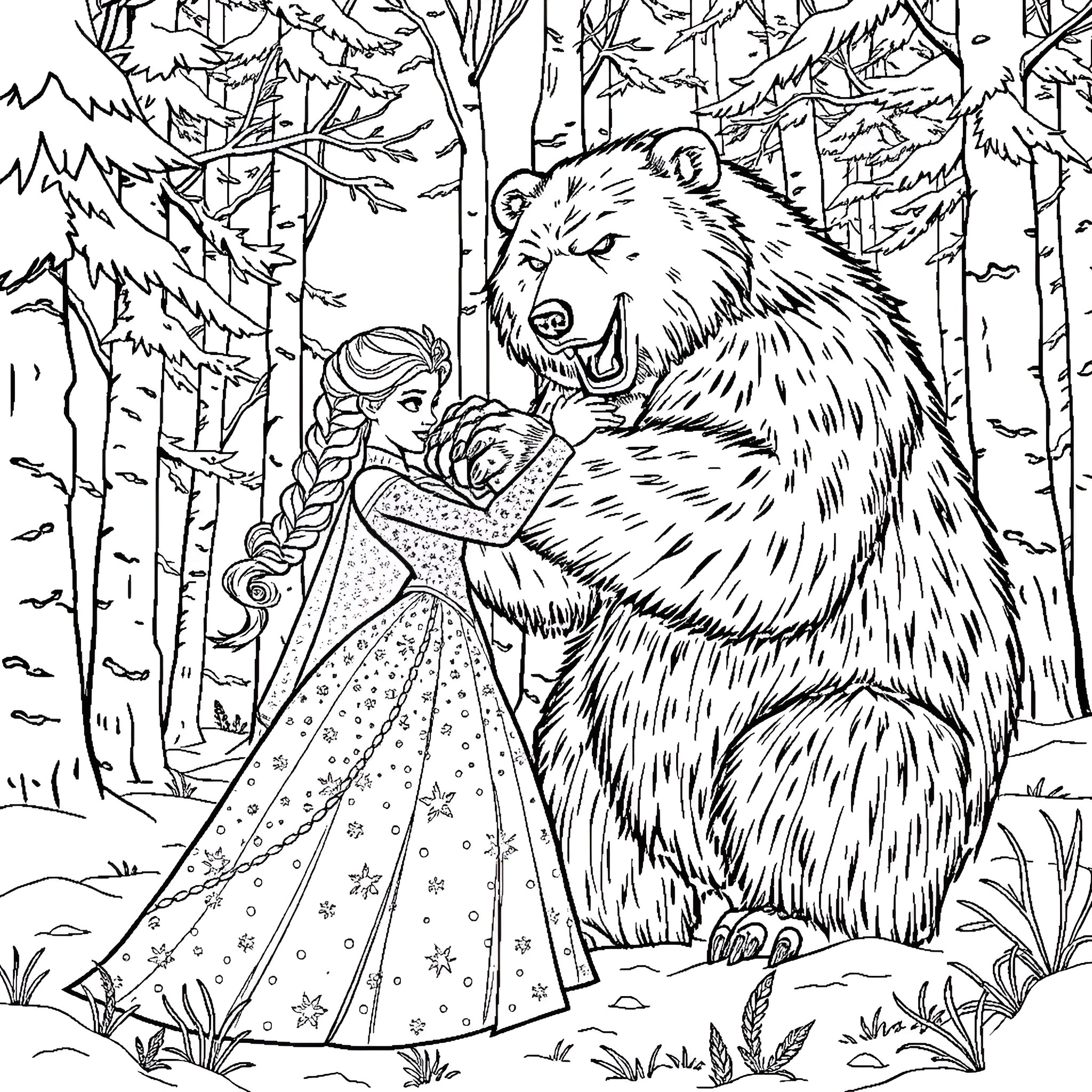 Queen Elsa meets a friendly bear in the enchanted forest Coloring Page (free black-and-white line drawing printable PDF for all, from beginners to advanced learners, including children, teens, adults, and seniors)