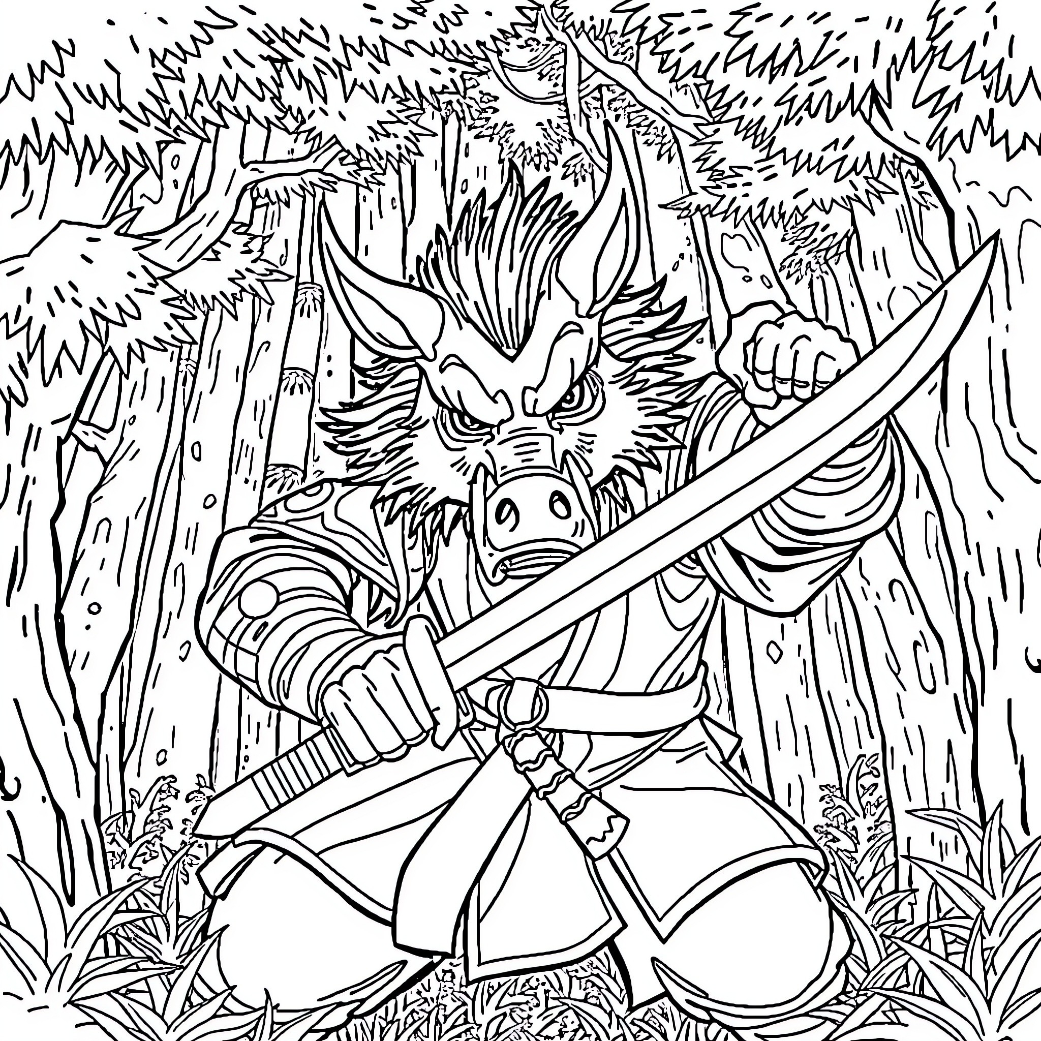 Inosuke in a fierce forest battle Coloring Page (free black-and-white line drawing printable PDF for all, from beginners to advanced learners, including children, teens, adults, and seniors)