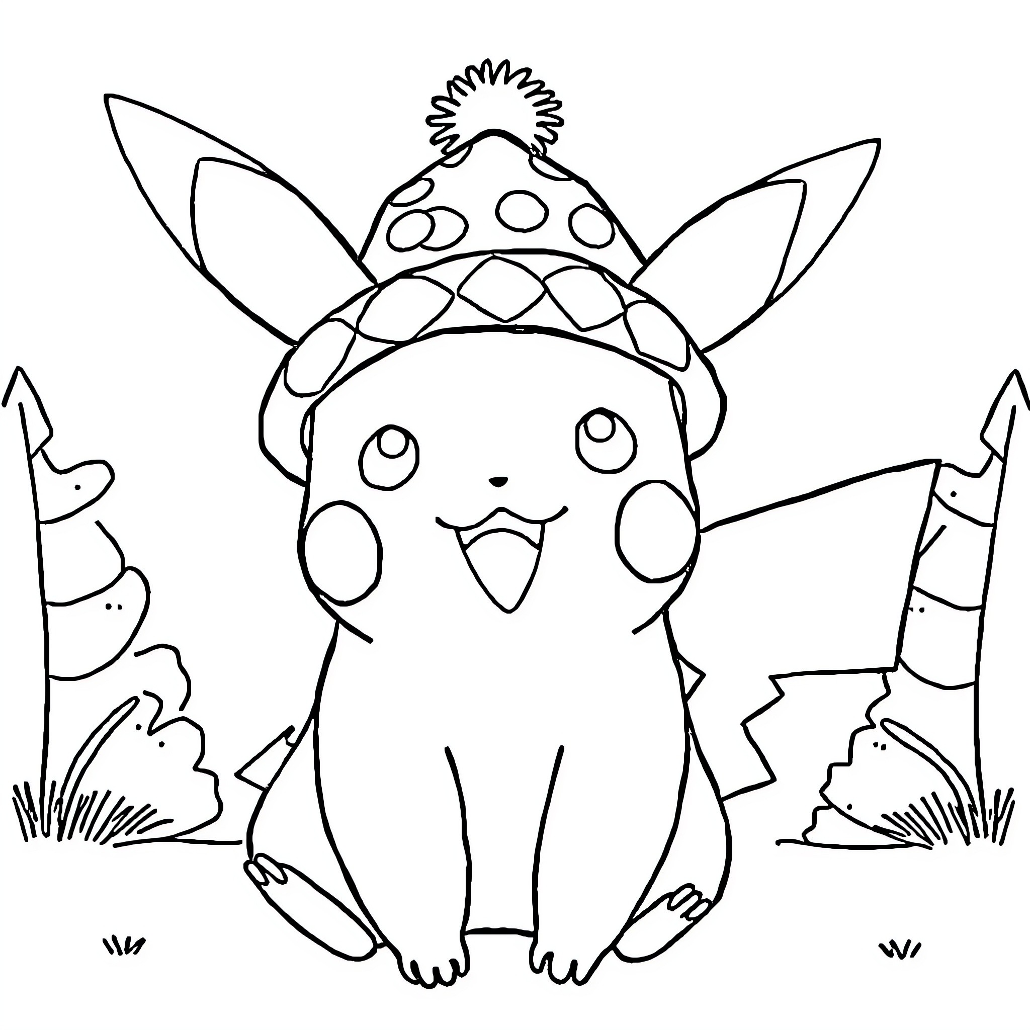 Pikachu wearing a party hat in a whimsical scene Coloring Page (free black-and-white line drawing printable PDF for all, from beginners to advanced learners, including children, teens, adults, and seniors)