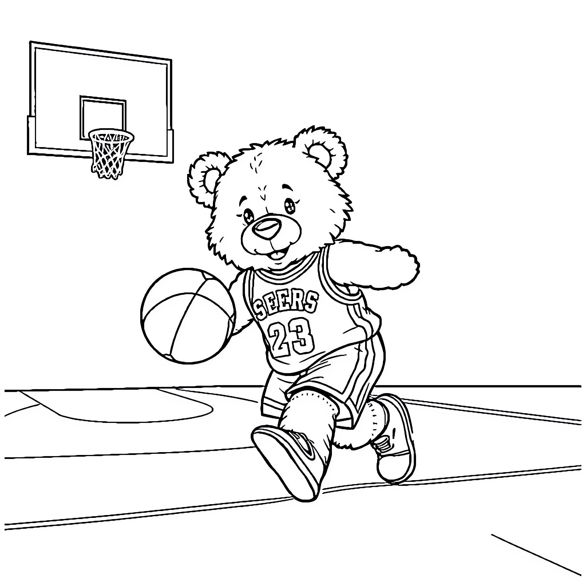 Teddy Bear Playing Basketball on the Court Coloring Page (free black-and-white line drawing printable PDF for all, from beginners to advanced learners, including children, teens, adults, and seniors)