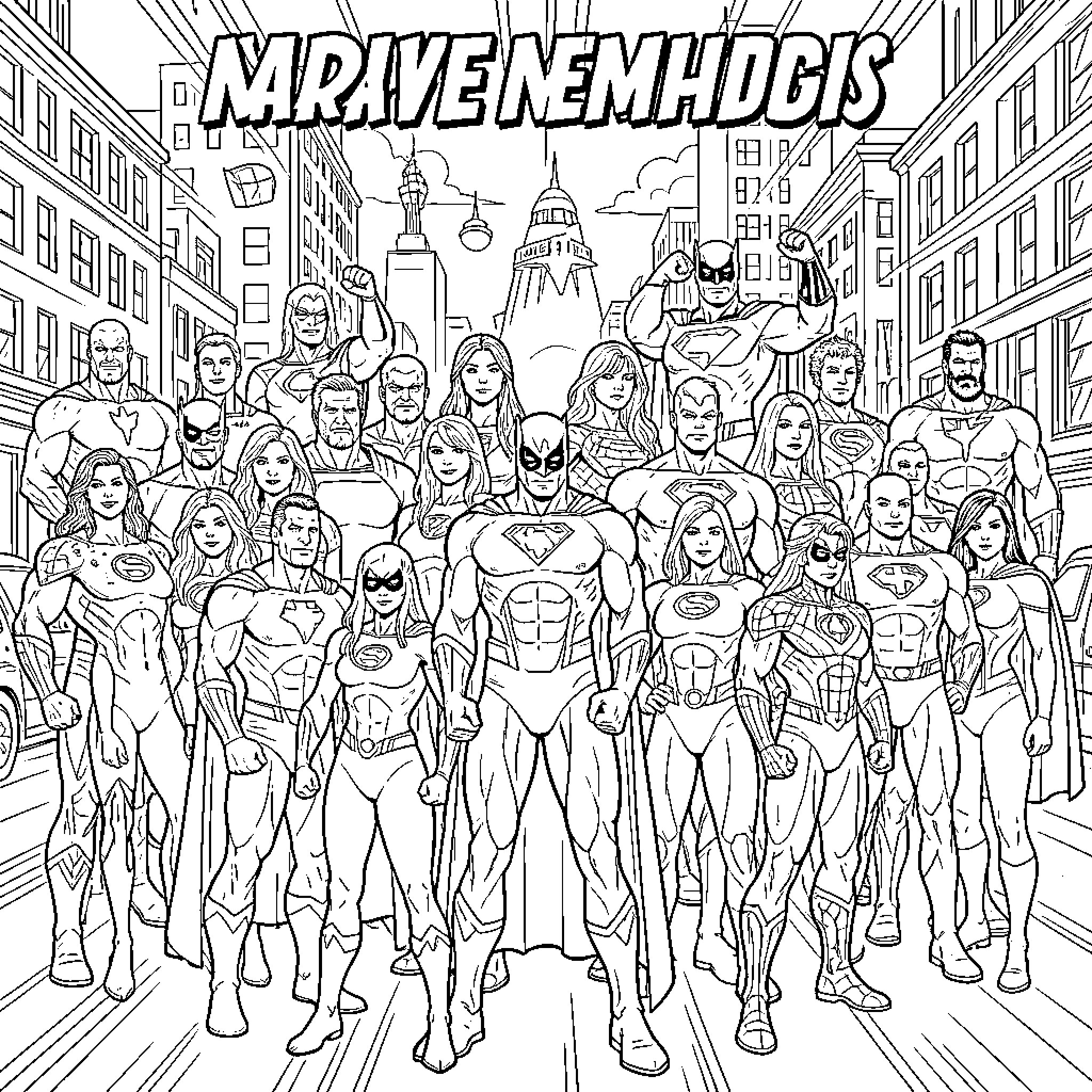 Marvel Superhero team posing heroically in a city street Coloring Page (free black-and-white line drawing printable PDF for all, from beginners to advanced learners, including children, teens, adults, and seniors)
