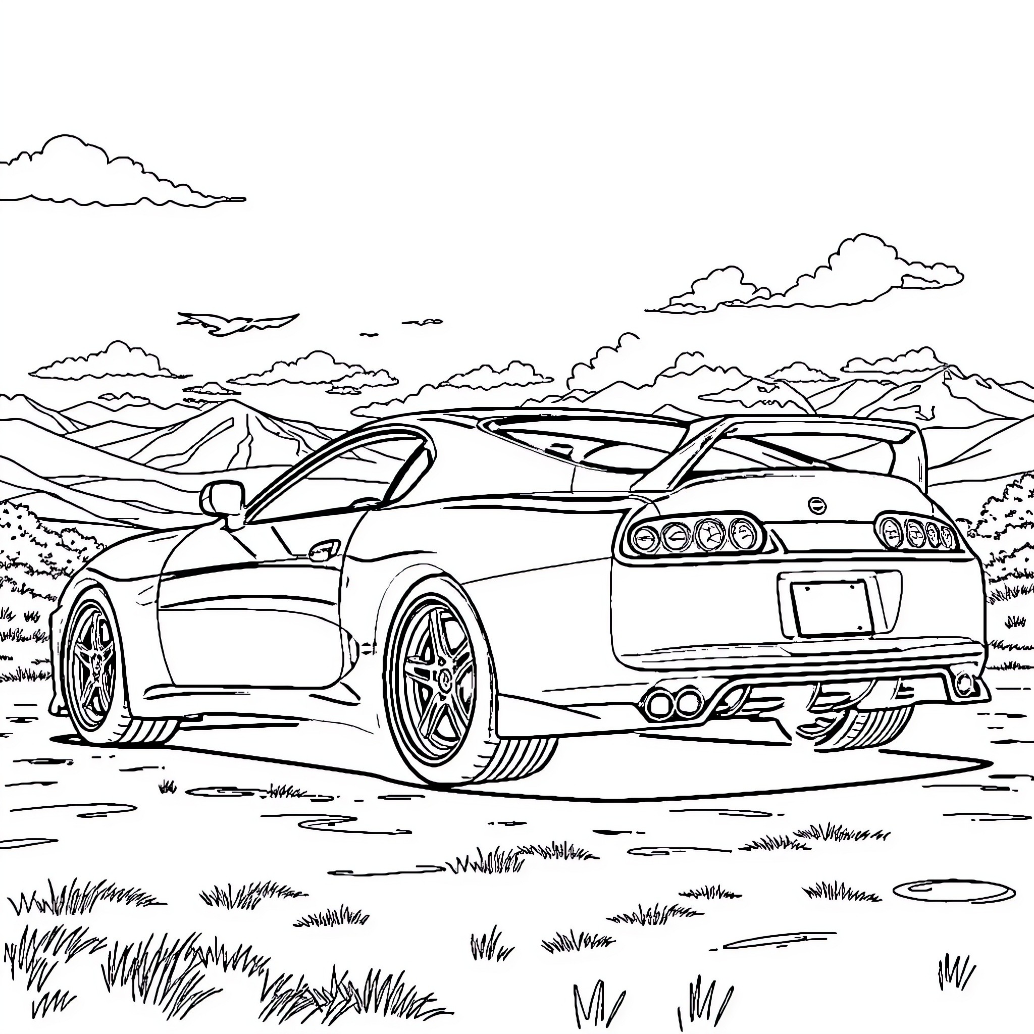 Supra sports car driving through scenic landscape Coloring Page (free black-and-white line drawing printable PDF for all, from beginners to advanced learners, including children, teens, adults, and seniors)