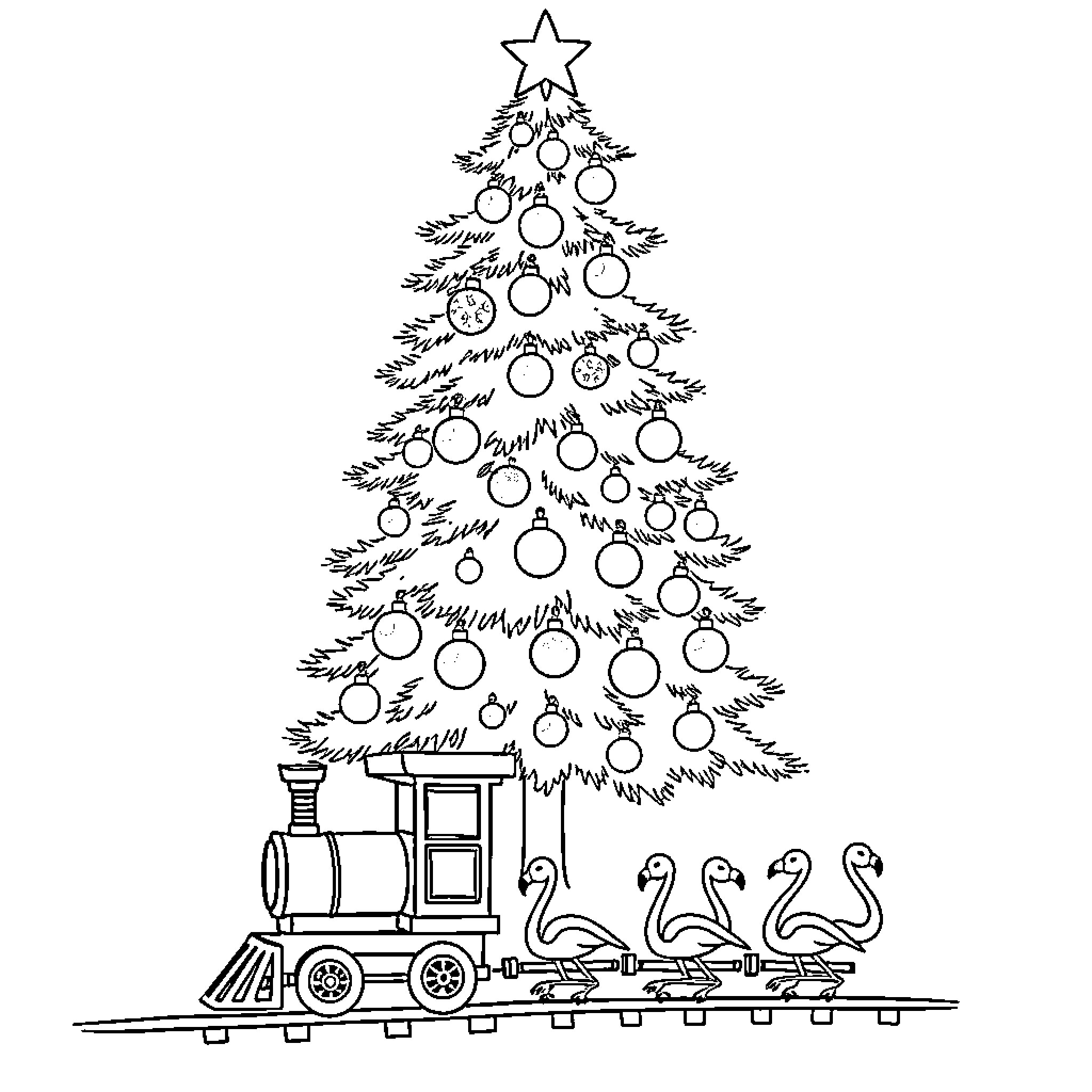 Flamingo Christmas train and tree with ornaments Coloring Page (free black-and-white line drawing printable PDF for all, from beginners to advanced learners, including children, teens, adults, and seniors)