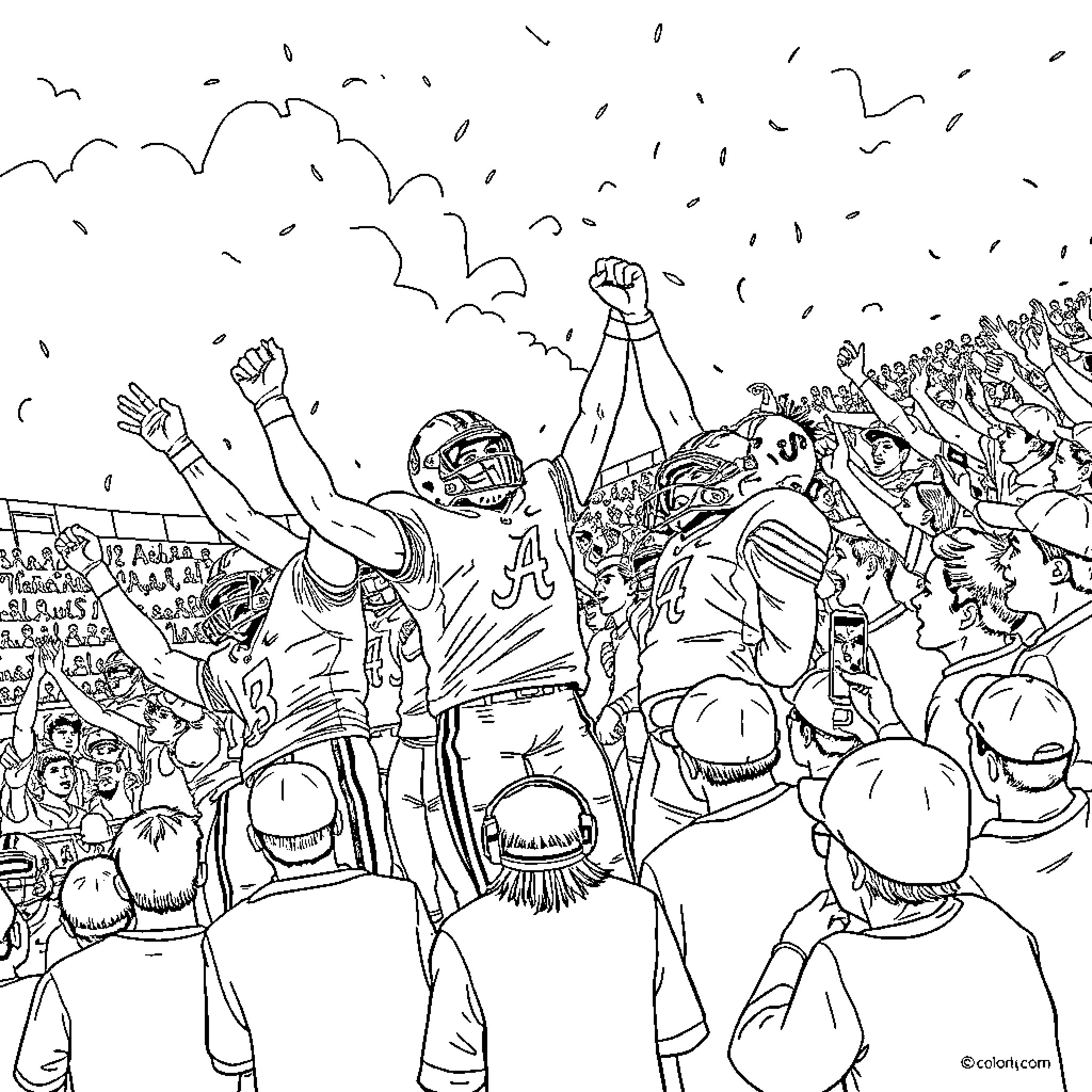 Football fans celebrating victory in the stadium Coloring Page (free black-and-white line drawing printable PDF for all, from beginners to advanced learners, including children, teens, adults, and seniors)