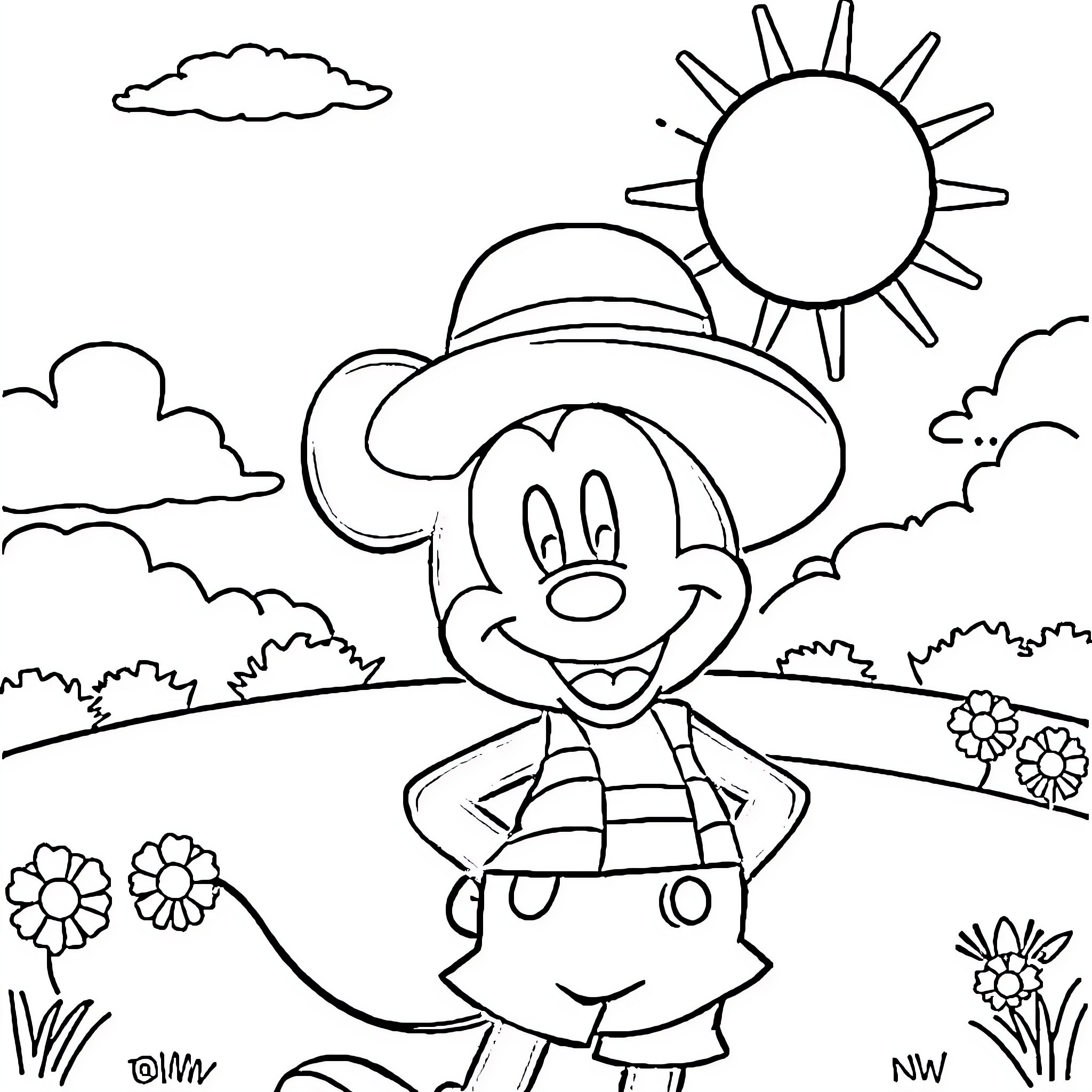 Mickey Mouse enjoying a sunny day outdoors Coloring Page (free black-and-white line drawing printable PDF for all, from beginners to advanced learners, including children, teens, adults, and seniors)