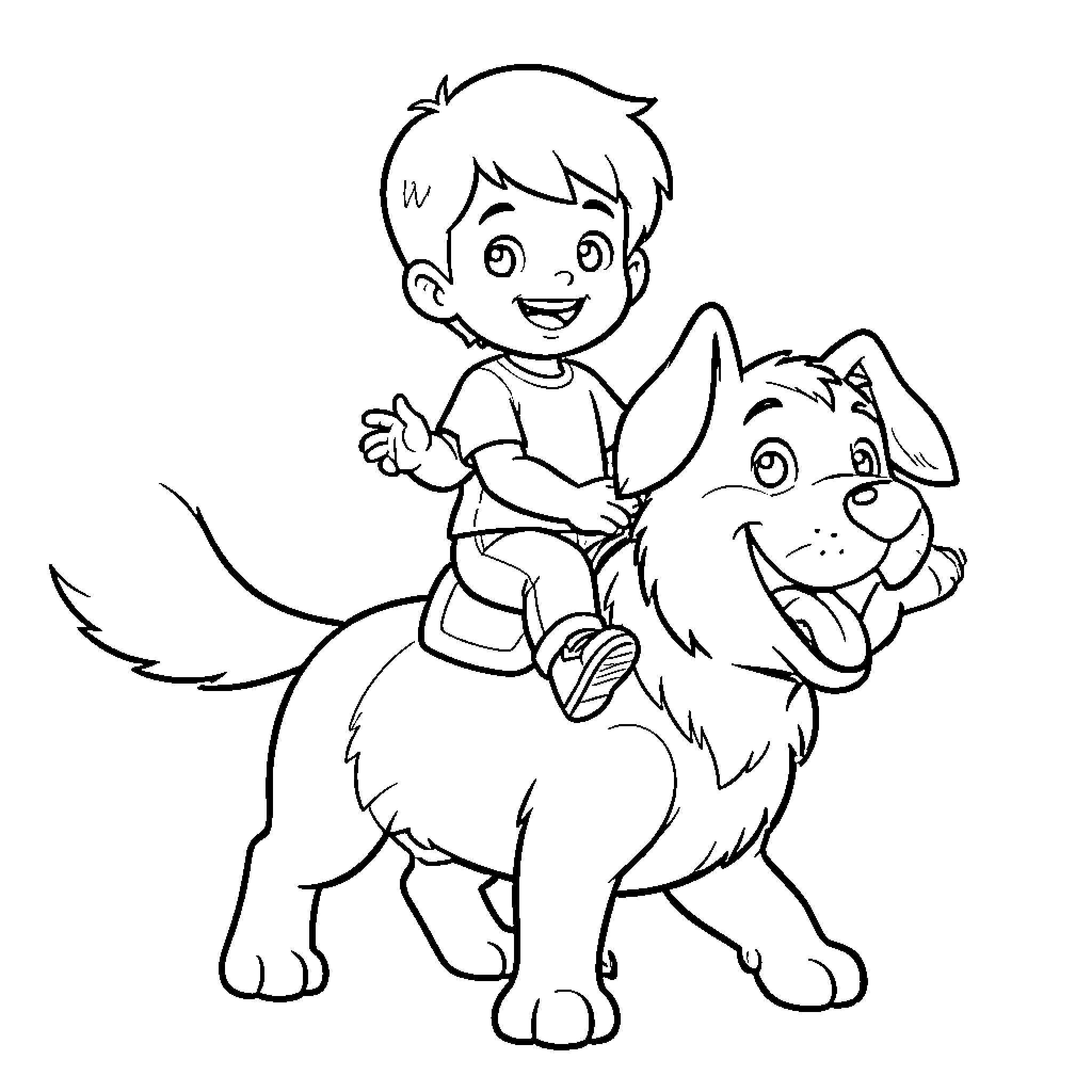 Child riding on the back of a happy dog Coloring Page (free black-and-white line drawing printable PDF for all, from beginners to advanced learners, including children, teens, adults, and seniors)