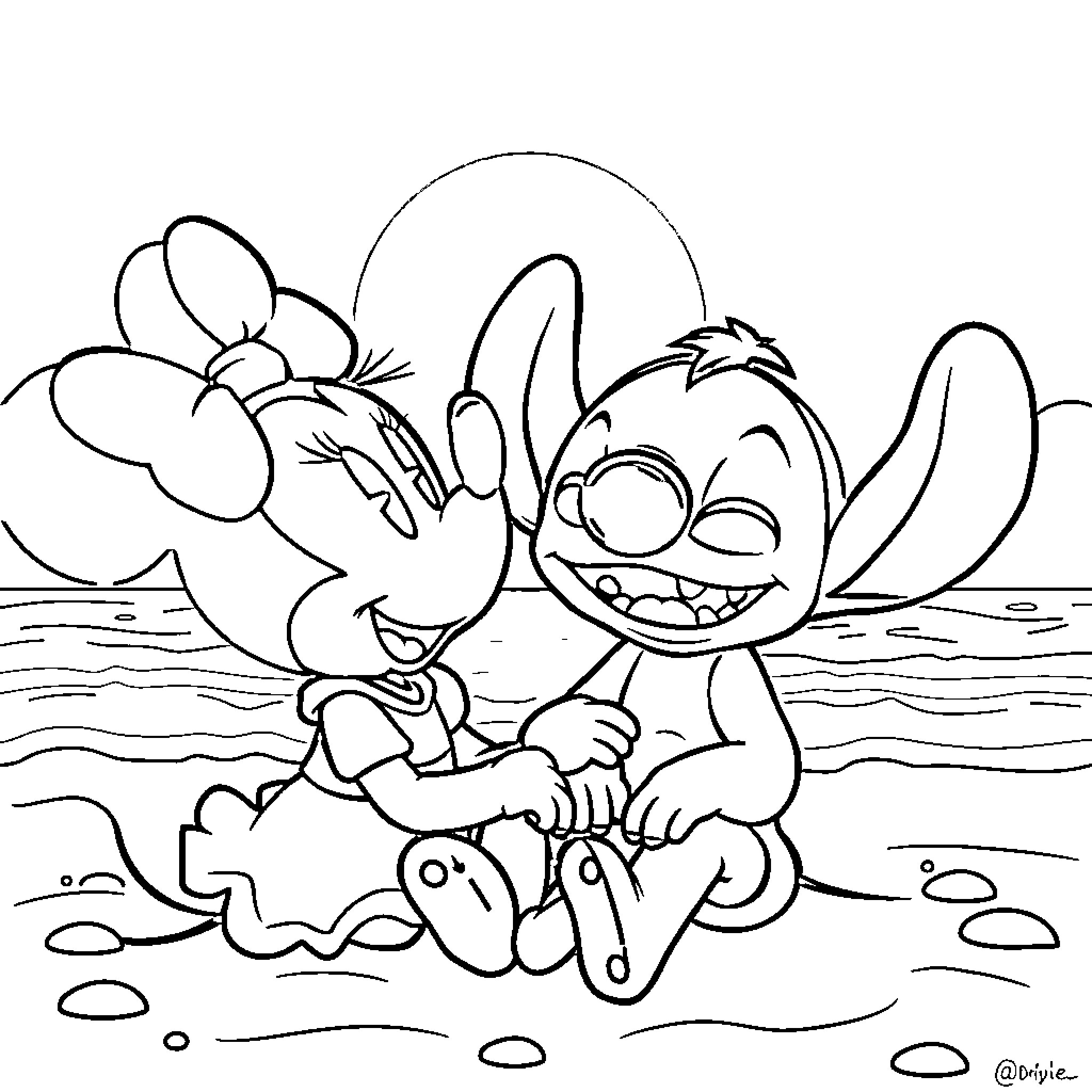 Minnie and Mickey play joyfully on the beach Coloring Page (free black-and-white line drawing printable PDF for all, from beginners to advanced learners, including children, teens, adults, and seniors)