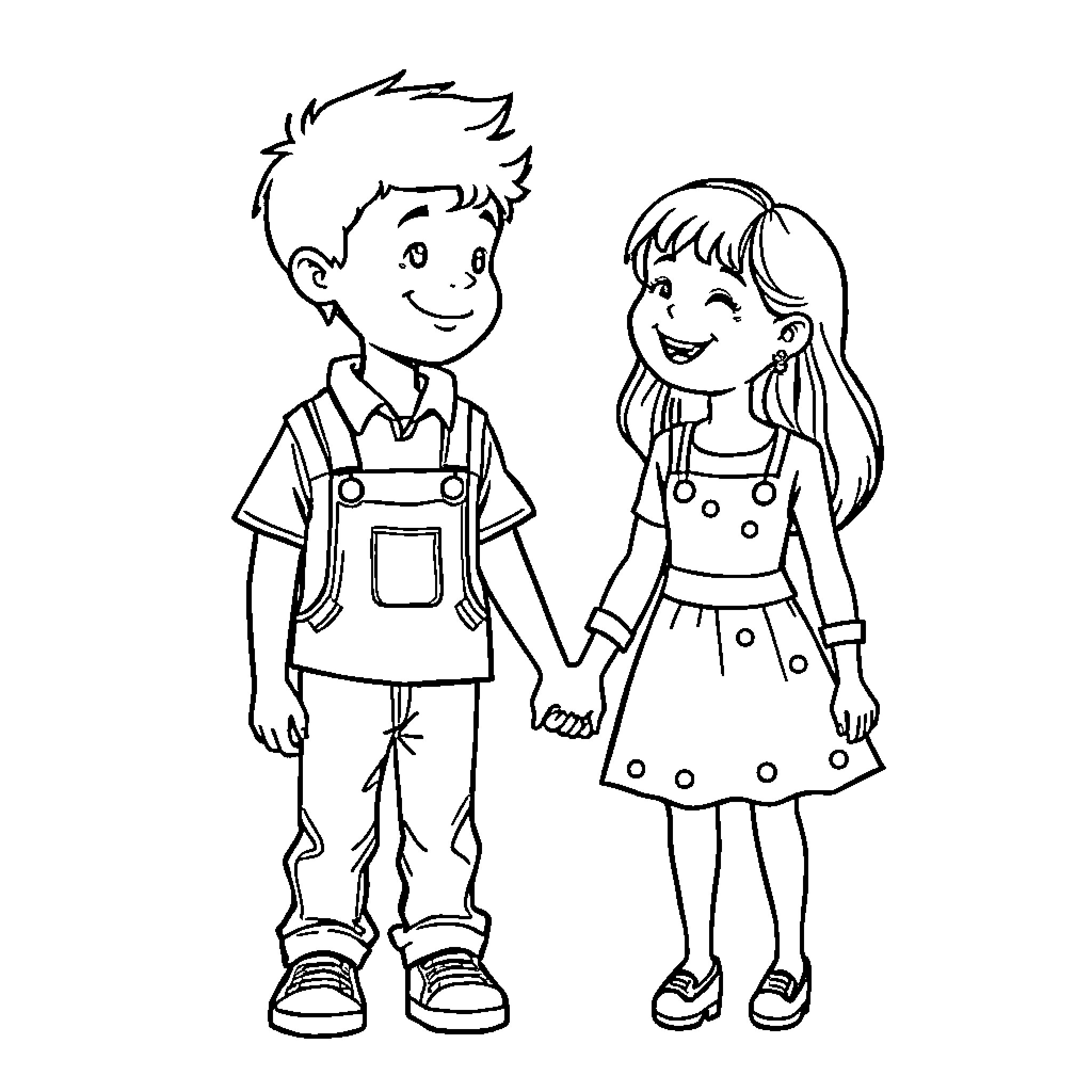 Boy and Girl Holding Hands in Casual Outfits Coloring Page (free black-and-white line drawing printable PDF for all, from beginners to advanced learners, including children, teens, adults, and seniors)
