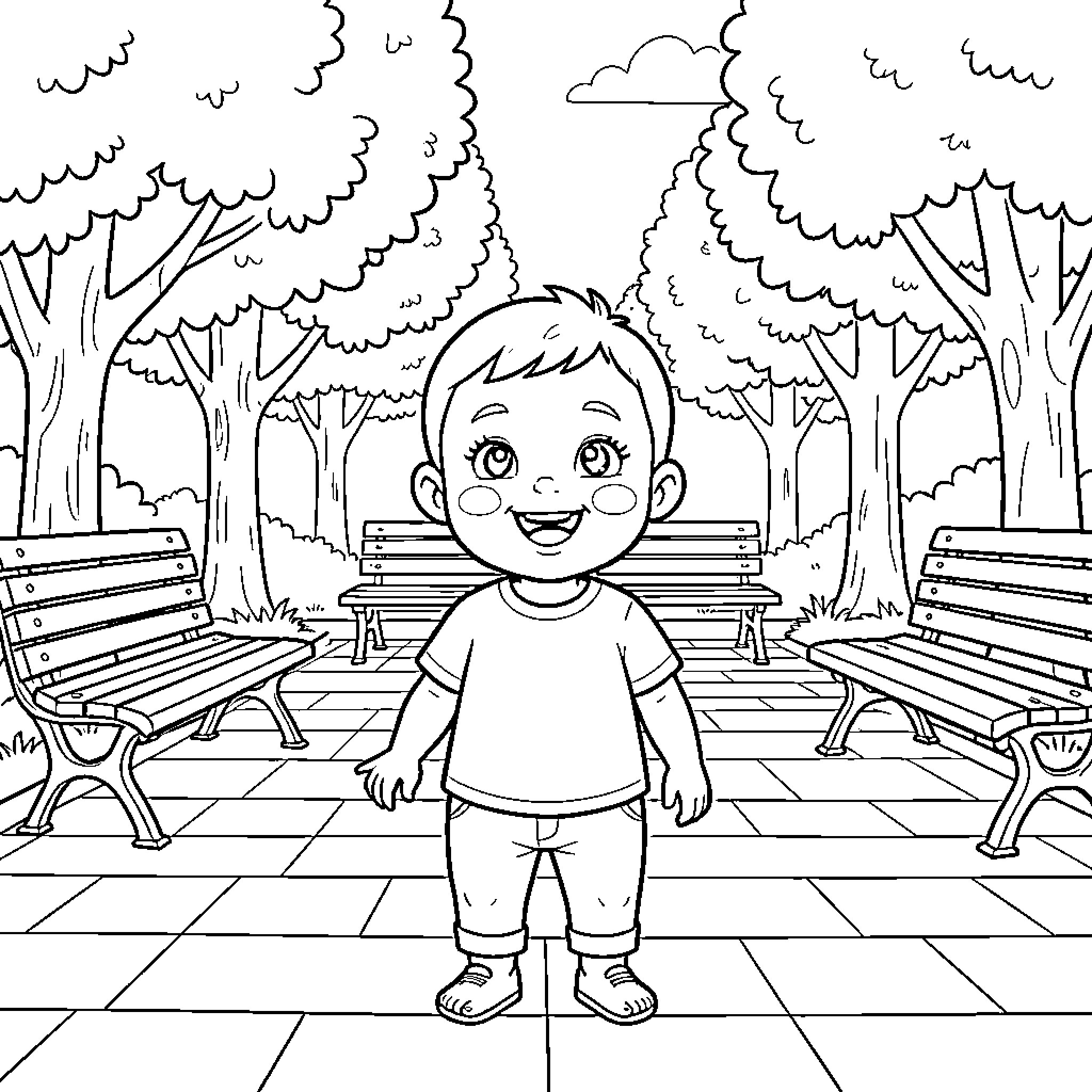 Bebe enjoying a lovely day at the park Coloring Page (free black-and-white line drawing printable PDF for all, from beginners to advanced learners, including children, teens, adults, and seniors)