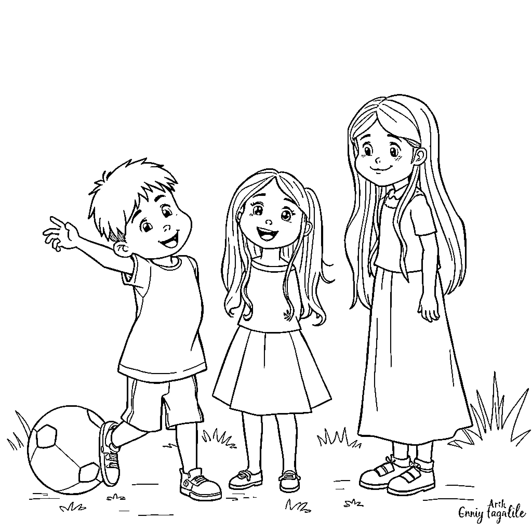 Girl Friends Enjoying the Outdoors Coloring Page (free black-and-white line drawing printable PDF for all, from beginners to advanced learners, including children, teens, adults, and seniors)