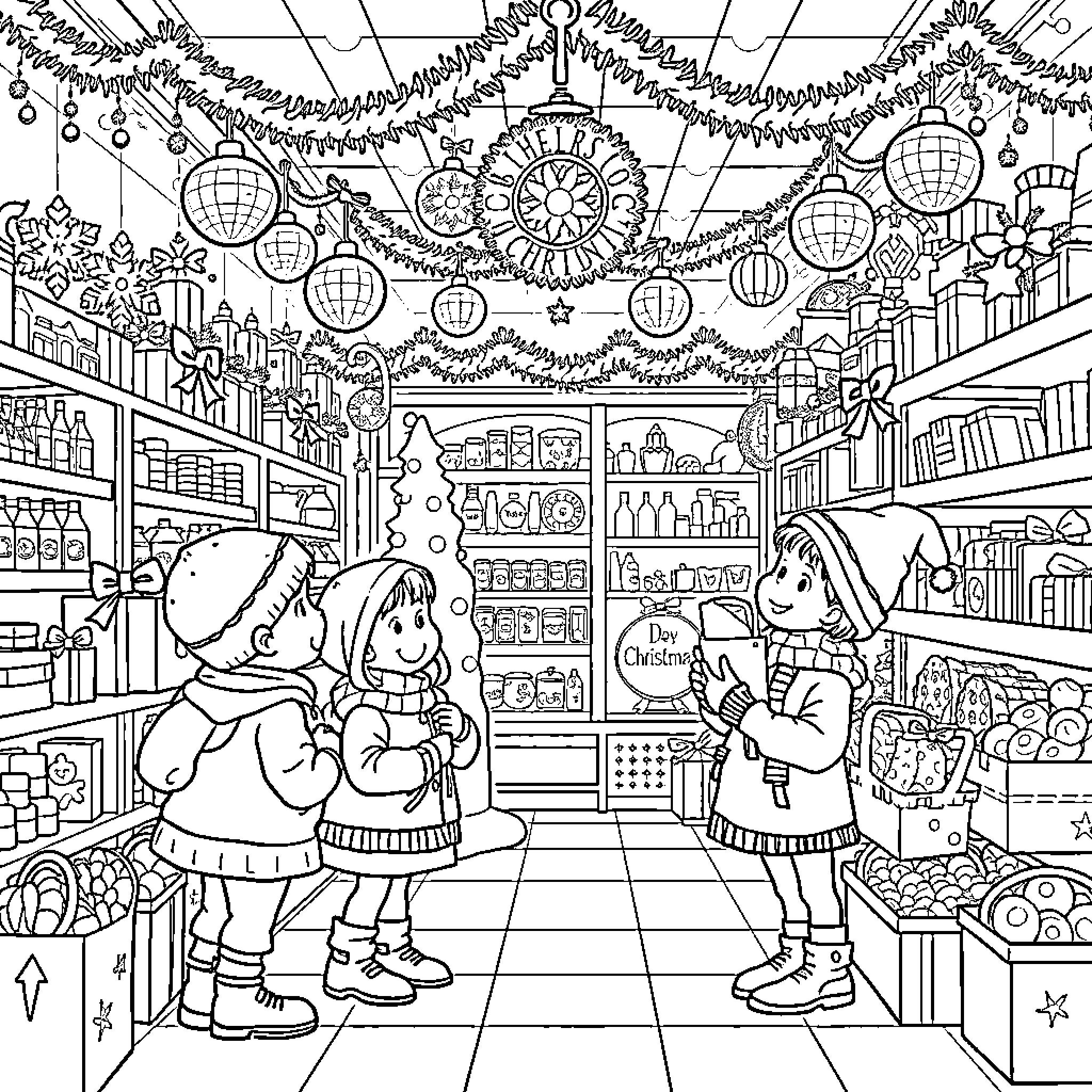 Christmas Shopping at the Festive Market Coloring Page (free black-and-white line drawing printable PDF for all, from beginners to advanced learners, including children, teens, adults, and seniors)