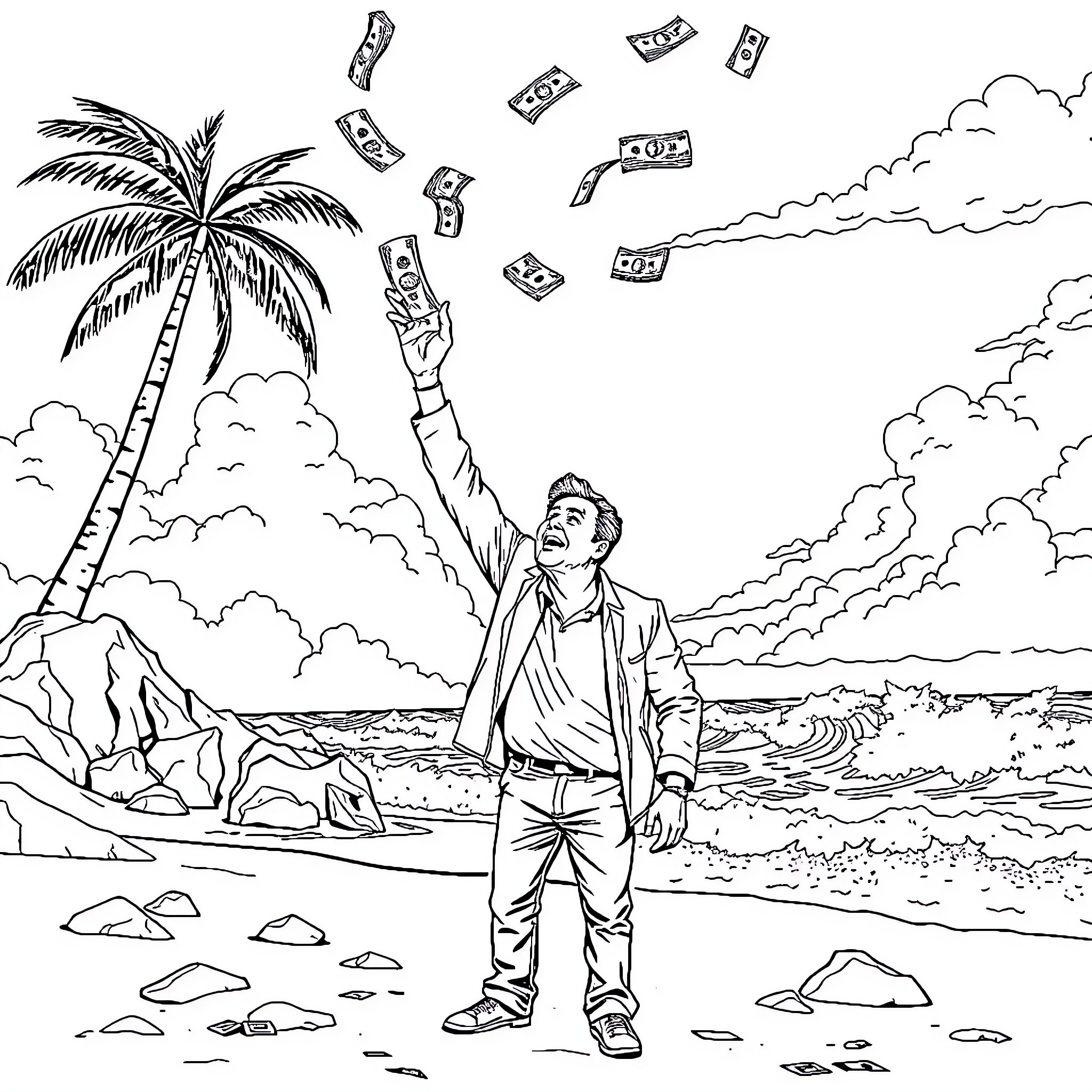 Elon Musk Celebrates Financial Success on a Remote Beach Coloring Page (free black-and-white line drawing printable PDF for all, from beginners to advanced learners, including children, teens, adults, and seniors)