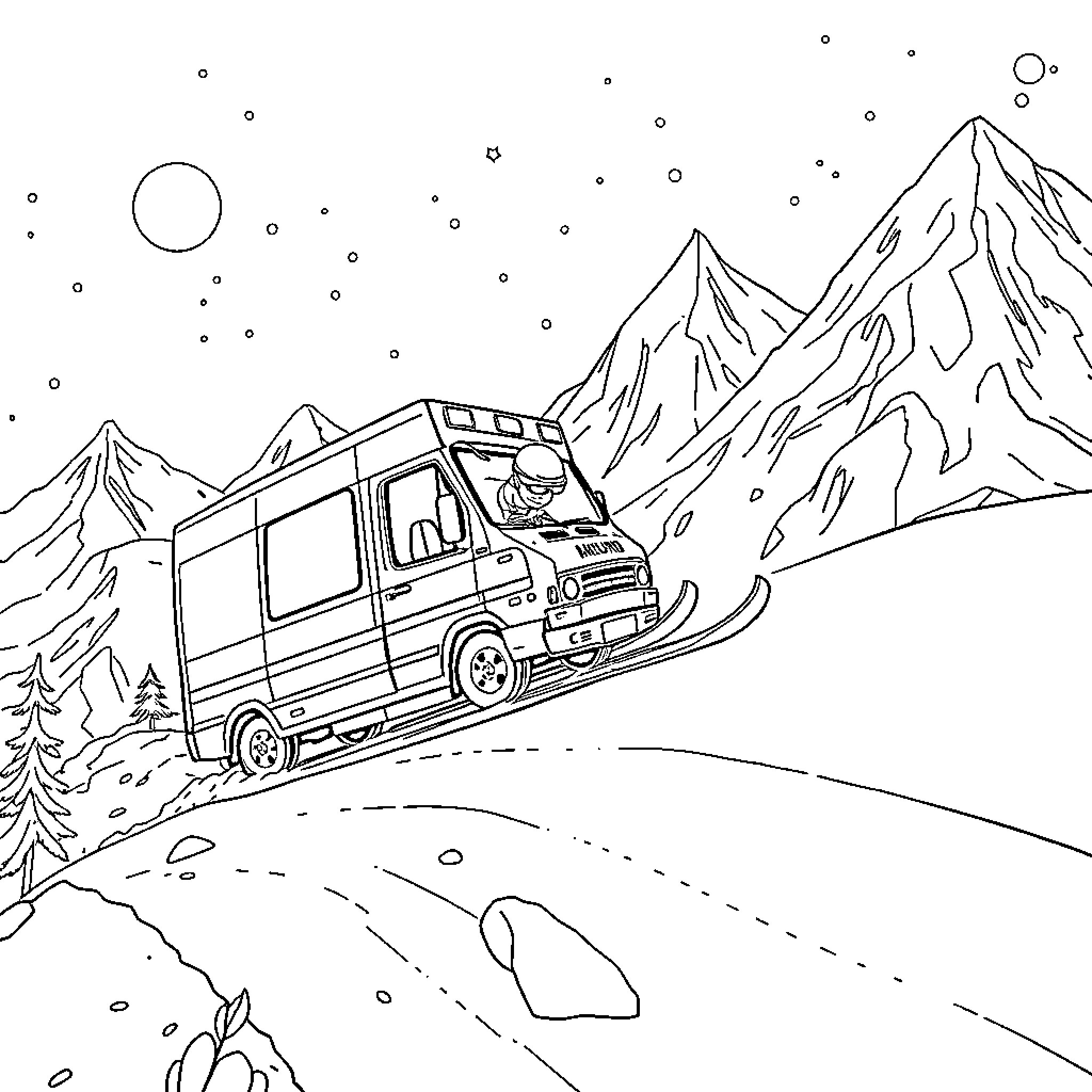 Ambulance traversing rugged mountain terrain Coloring Page (free black-and-white line drawing printable PDF for all, from beginners to advanced learners, including children, teens, adults, and seniors)