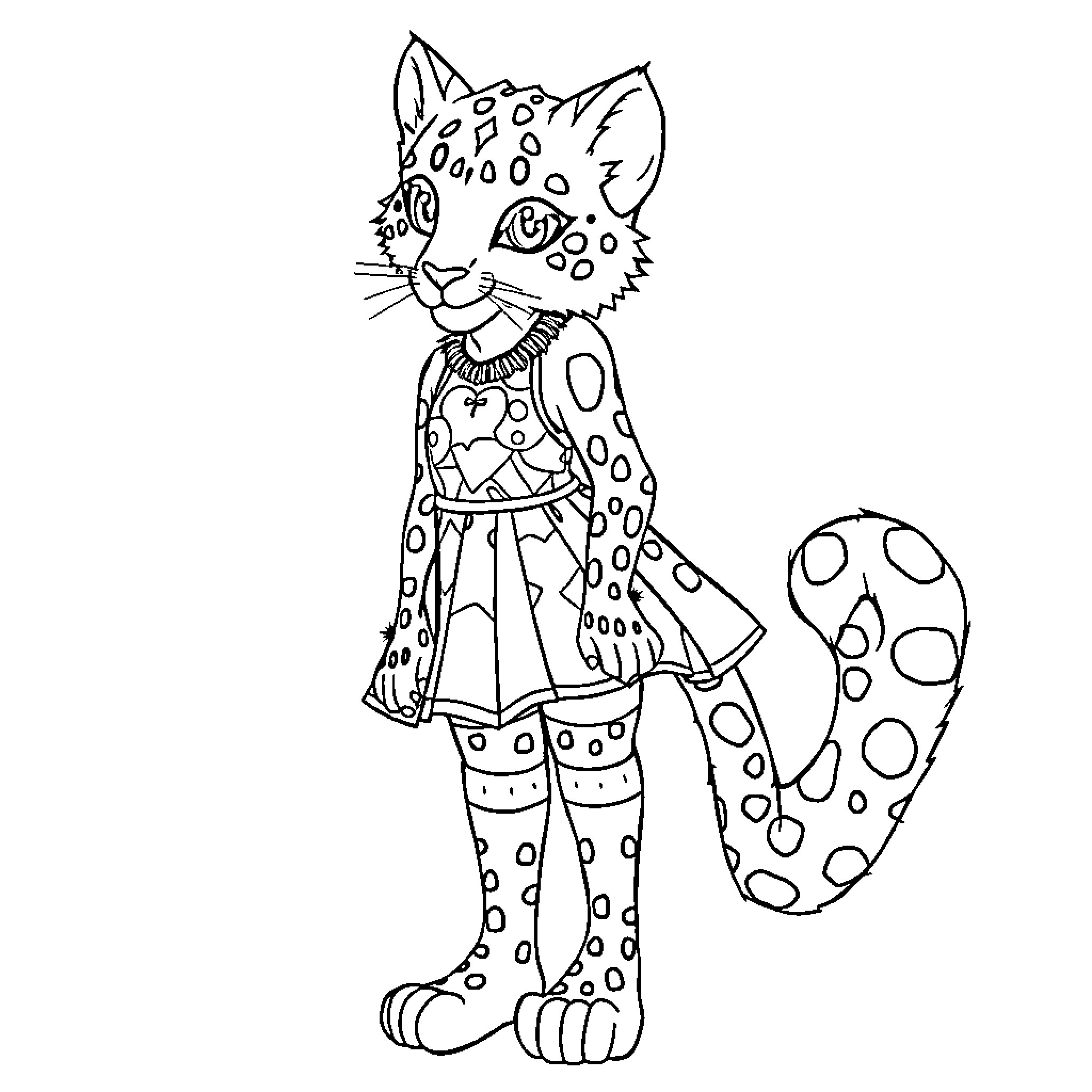 Snow Leopard dressed in festive outfit Coloring Page (free black-and-white line drawing printable PDF for all, from beginners to advanced learners, including children, teens, adults, and seniors)