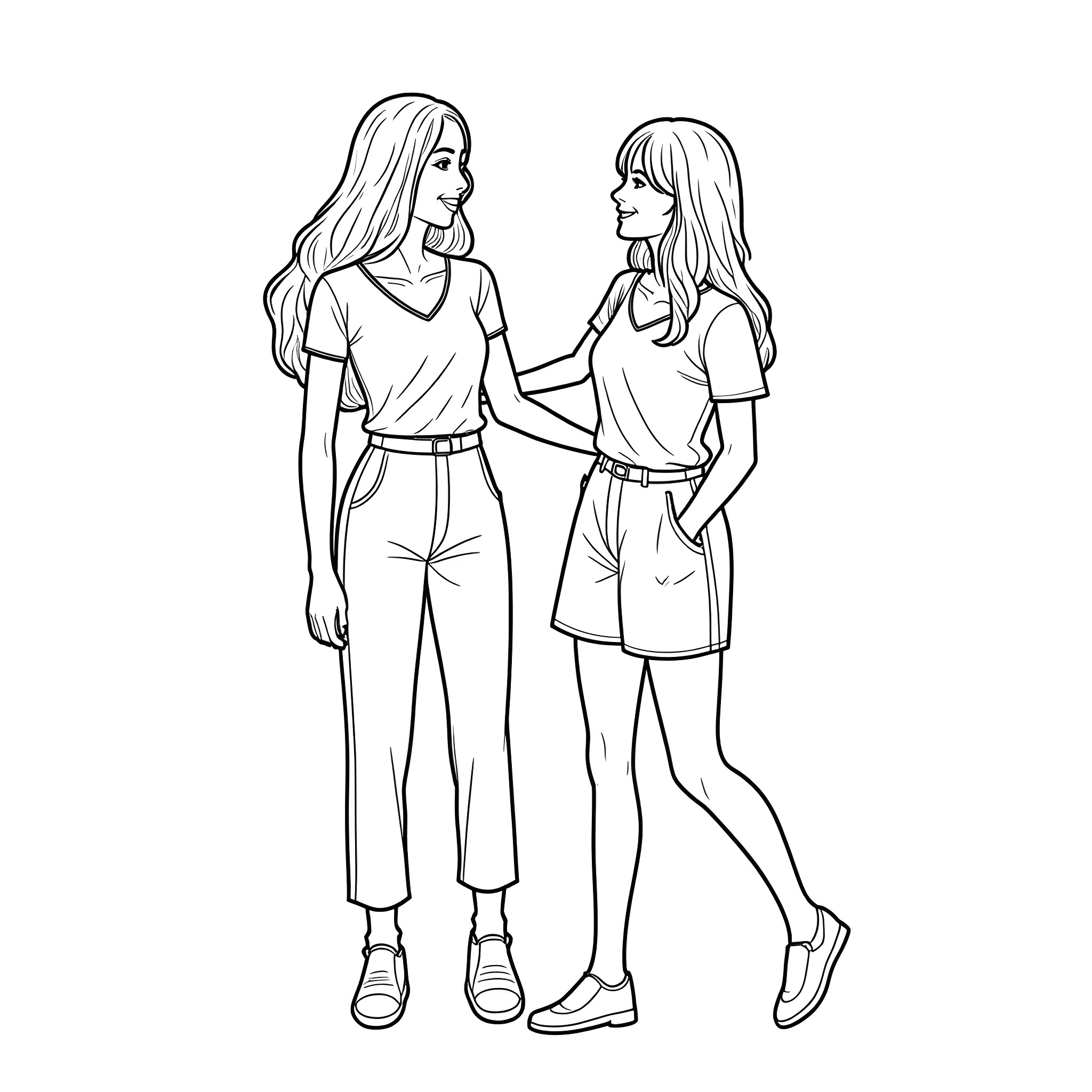 Women conversing and bonding in casual outfits Coloring Page (free black-and-white line drawing printable PDF for all, from beginners to advanced learners, including children, teens, adults, and seniors)