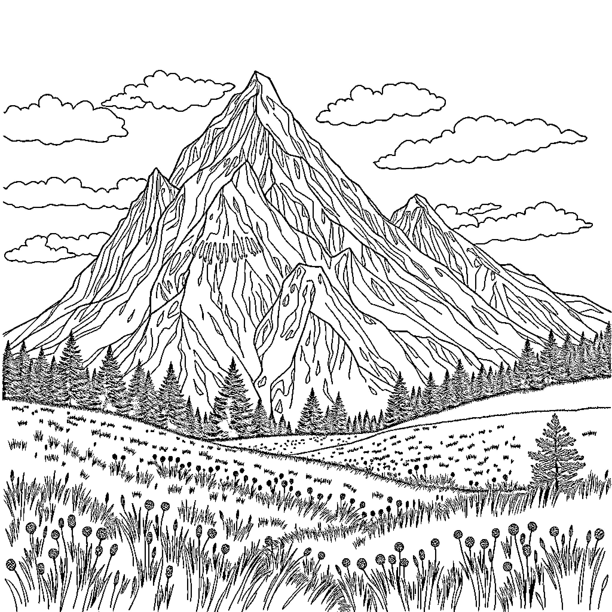 Mountain landscape with rugged peaks and pine forest Coloring Page (free black-and-white line drawing printable PDF for all, from beginners to advanced learners, including children, teens, adults, and seniors)