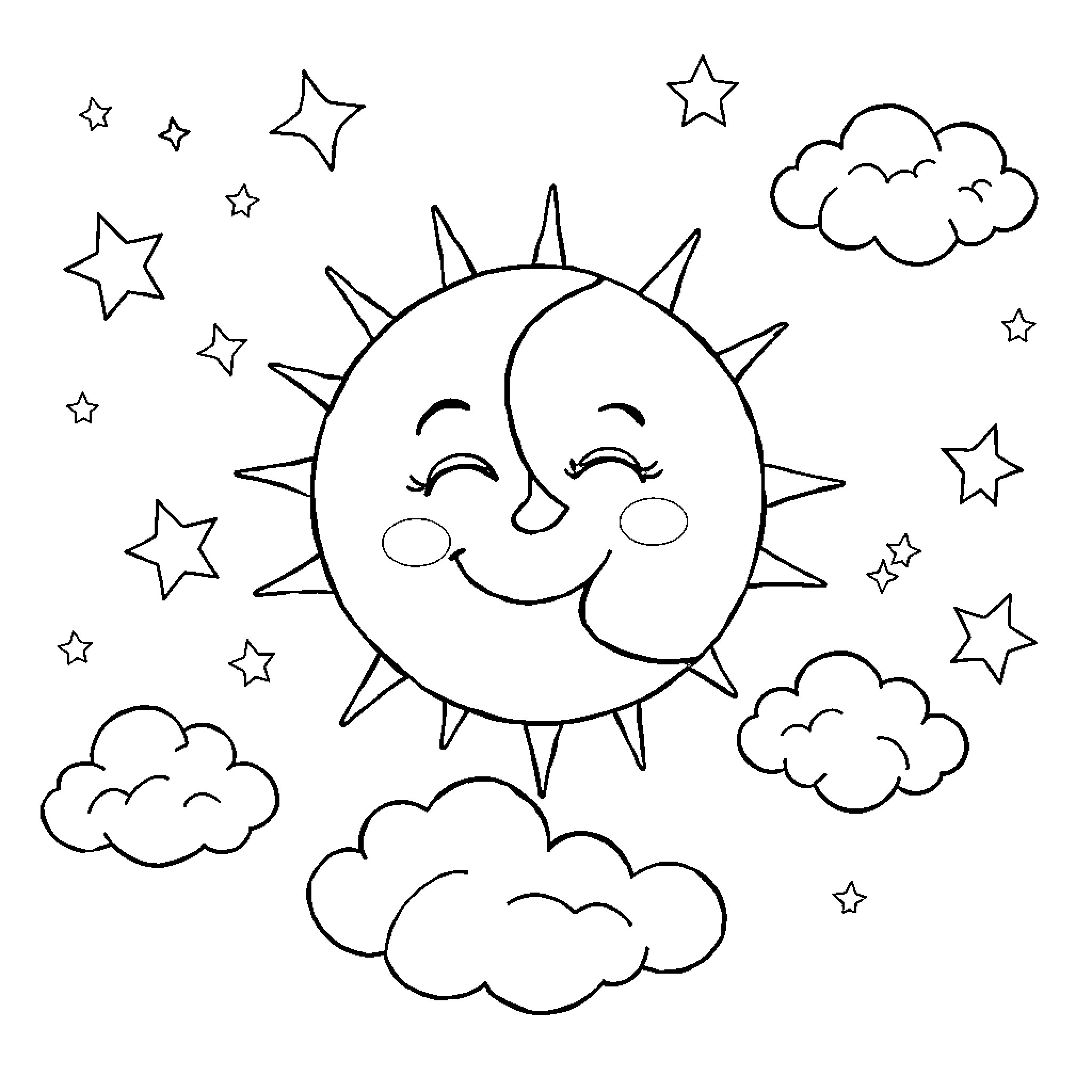 Moon and Sun smiling in the starry sky Coloring Page (free black-and-white line drawing printable PDF for all, from beginners to advanced learners, including children, teens, adults, and seniors)