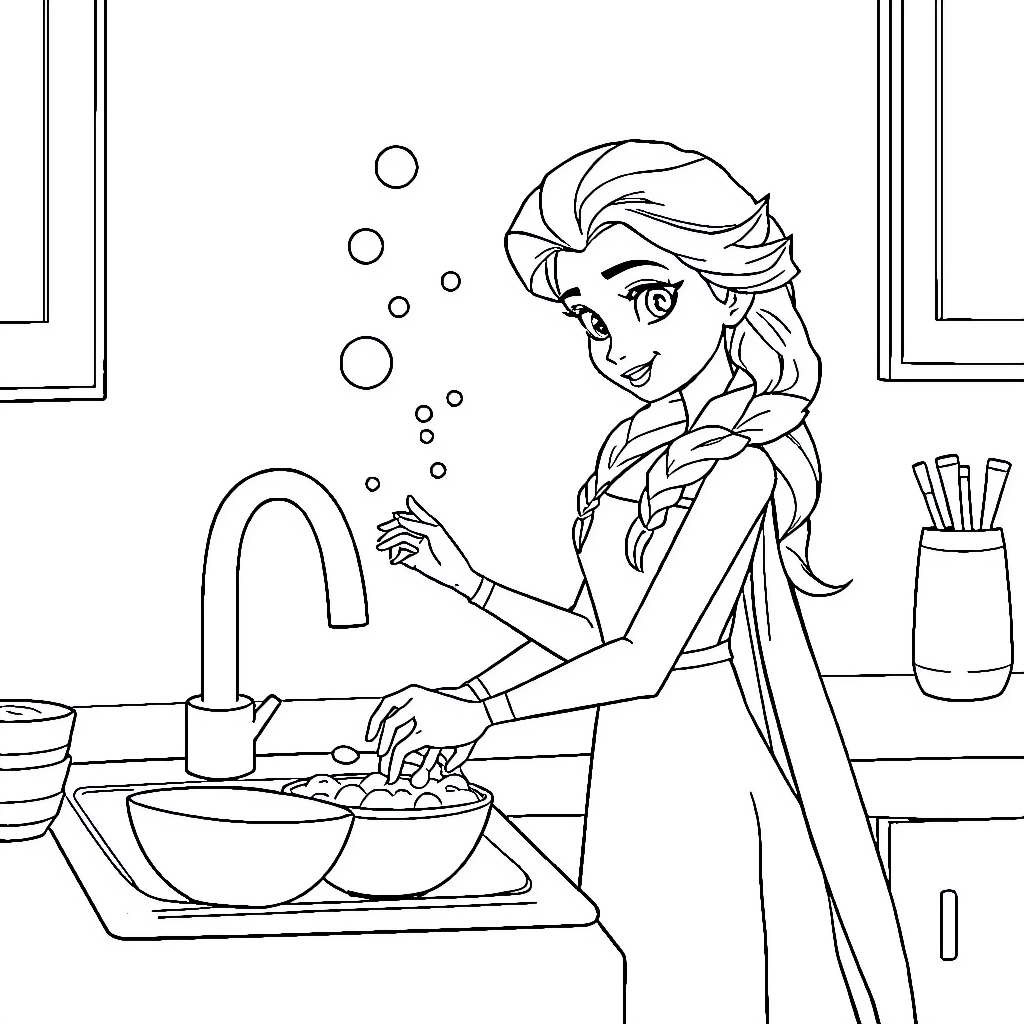 Elsa washing dishes with a smile Coloring Page (free black-and-white line drawing printable PDF for all, from beginners to advanced learners, including children, teens, adults, and seniors)