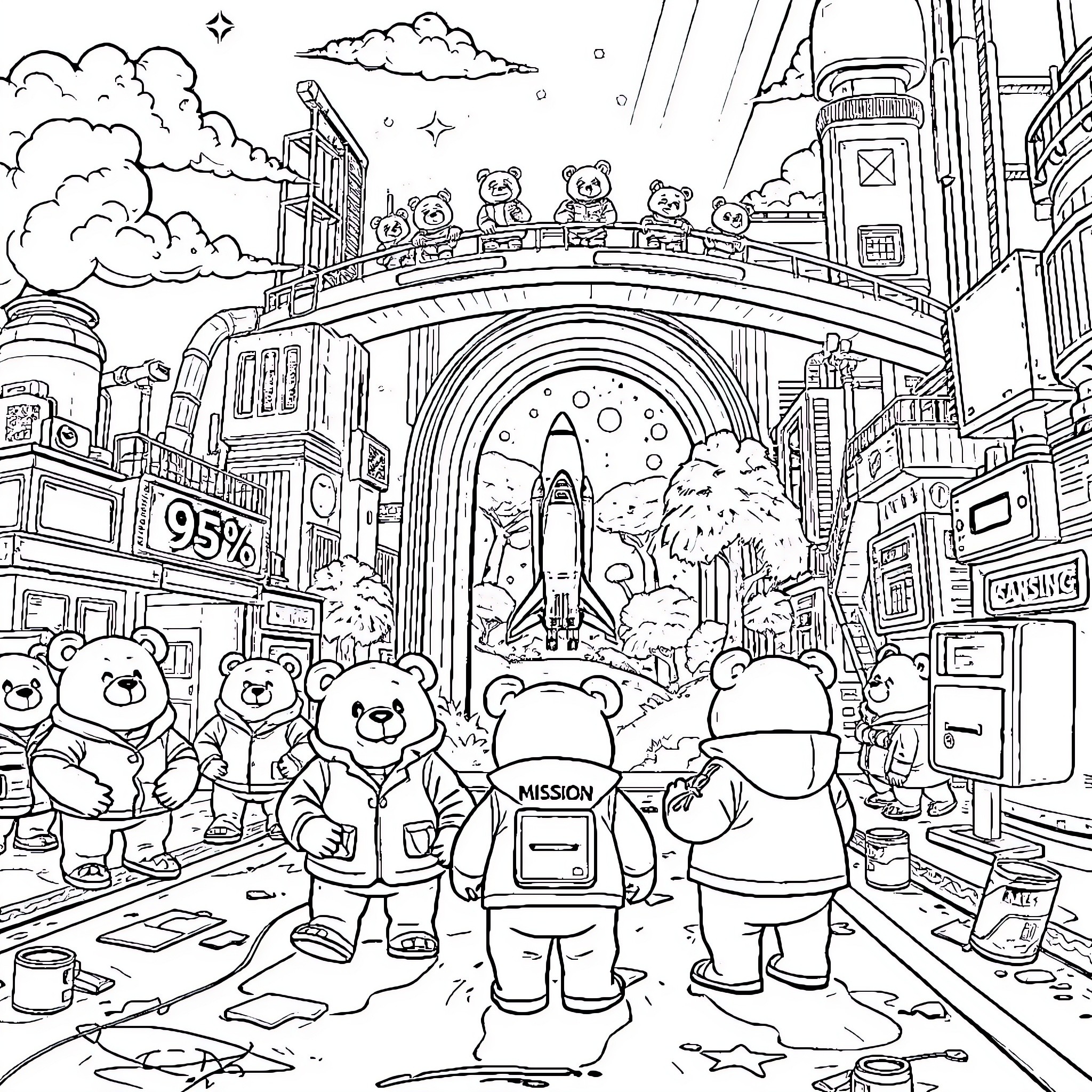 Bear Explorers Journey Through the City Coloring Page (free black-and-white line drawing printable PDF for all, from beginners to advanced learners, including children, teens, adults, and seniors)