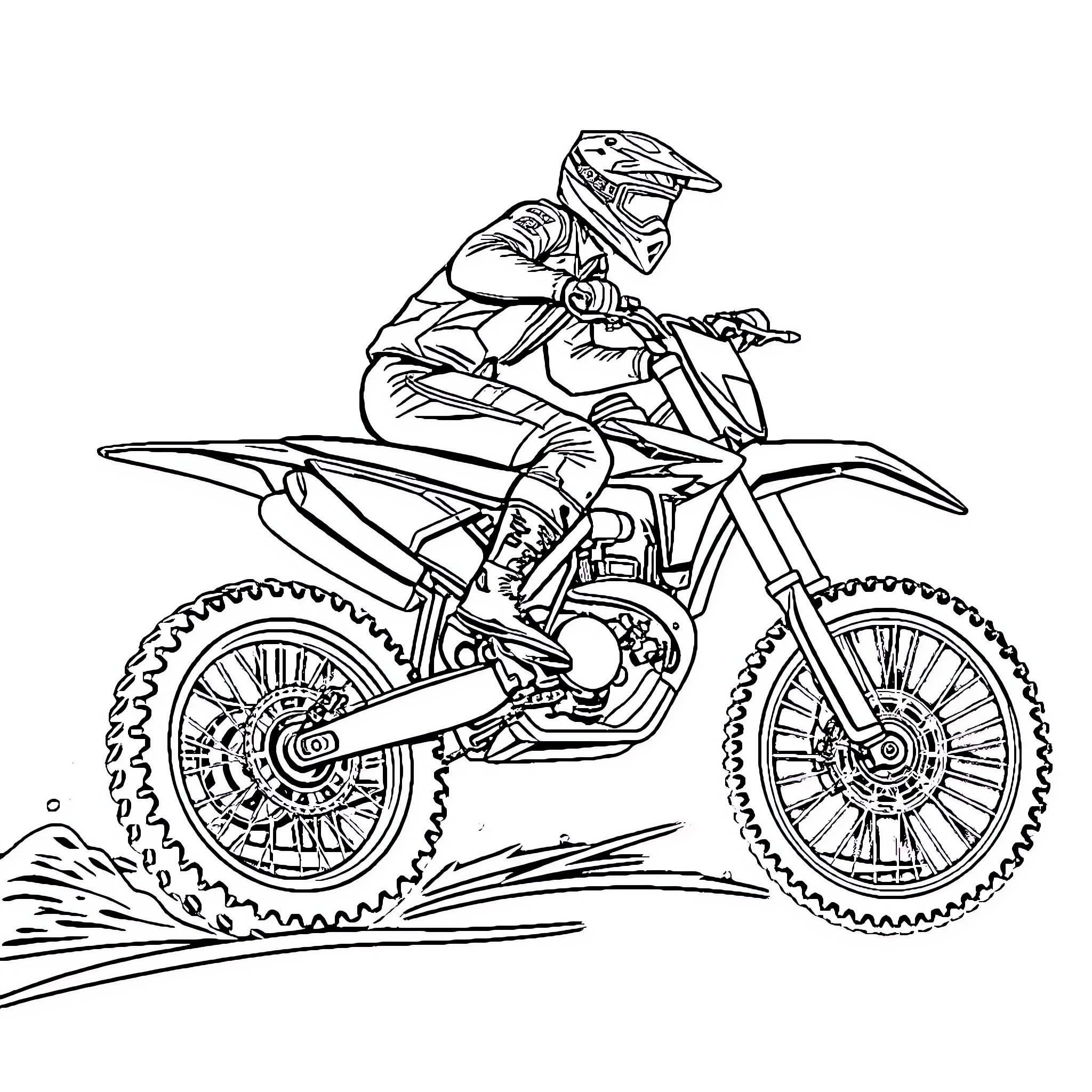 Motocross athlete performing stunts on dirt bike Coloring Page (free black-and-white line drawing printable PDF for all, from beginners to advanced learners, including children, teens, adults, and seniors)