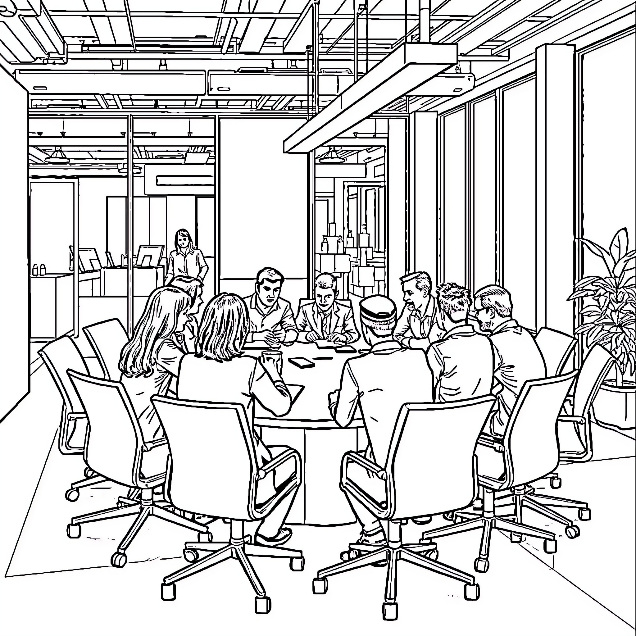People having a meeting in a modern office setting Coloring Page (free black-and-white line drawing printable PDF for all, from beginners to advanced learners, including children, teens, adults, and seniors)