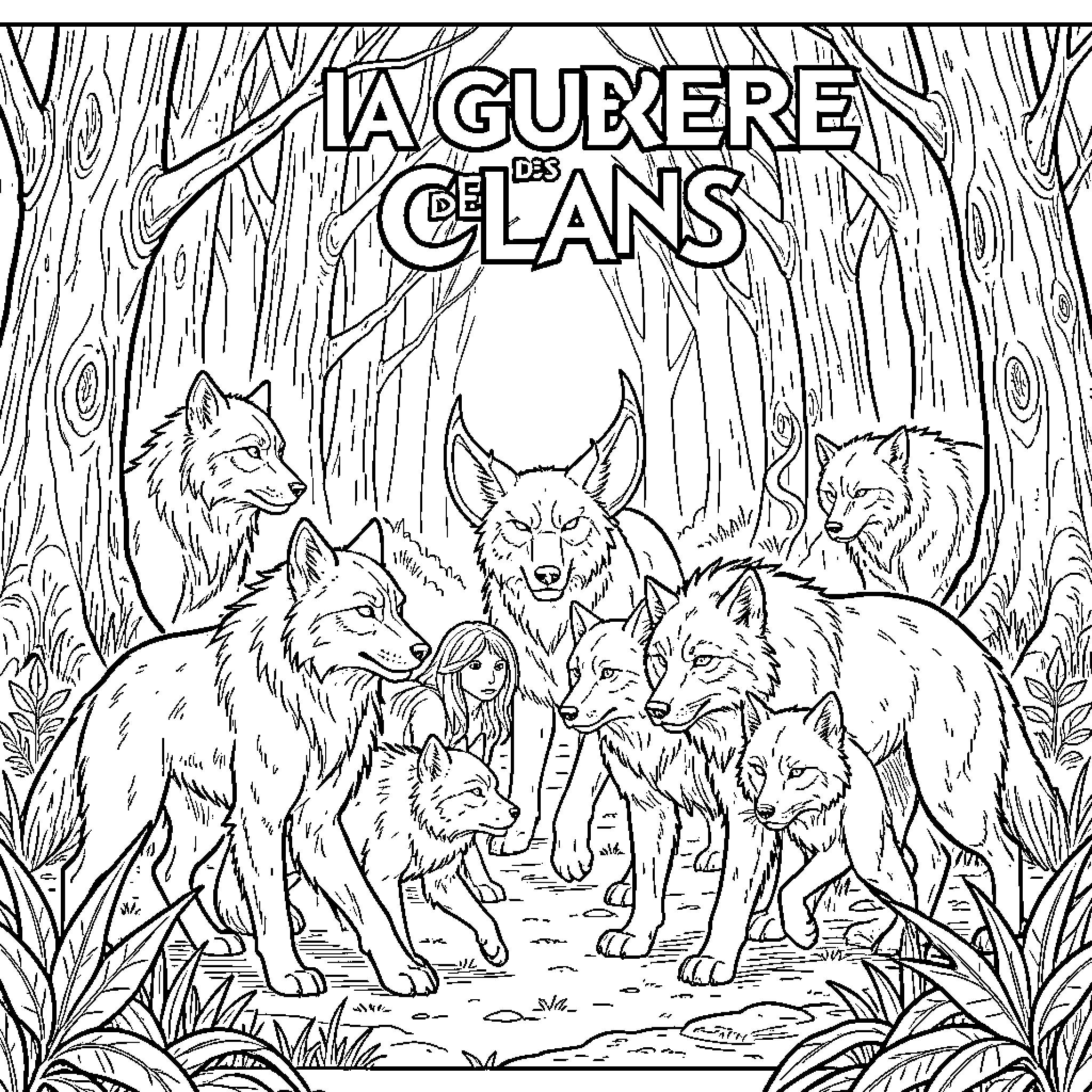 Warriors standing together in a dense forest Coloring Page (free black-and-white line drawing printable PDF for all, from beginners to advanced learners, including children, teens, adults, and seniors)
