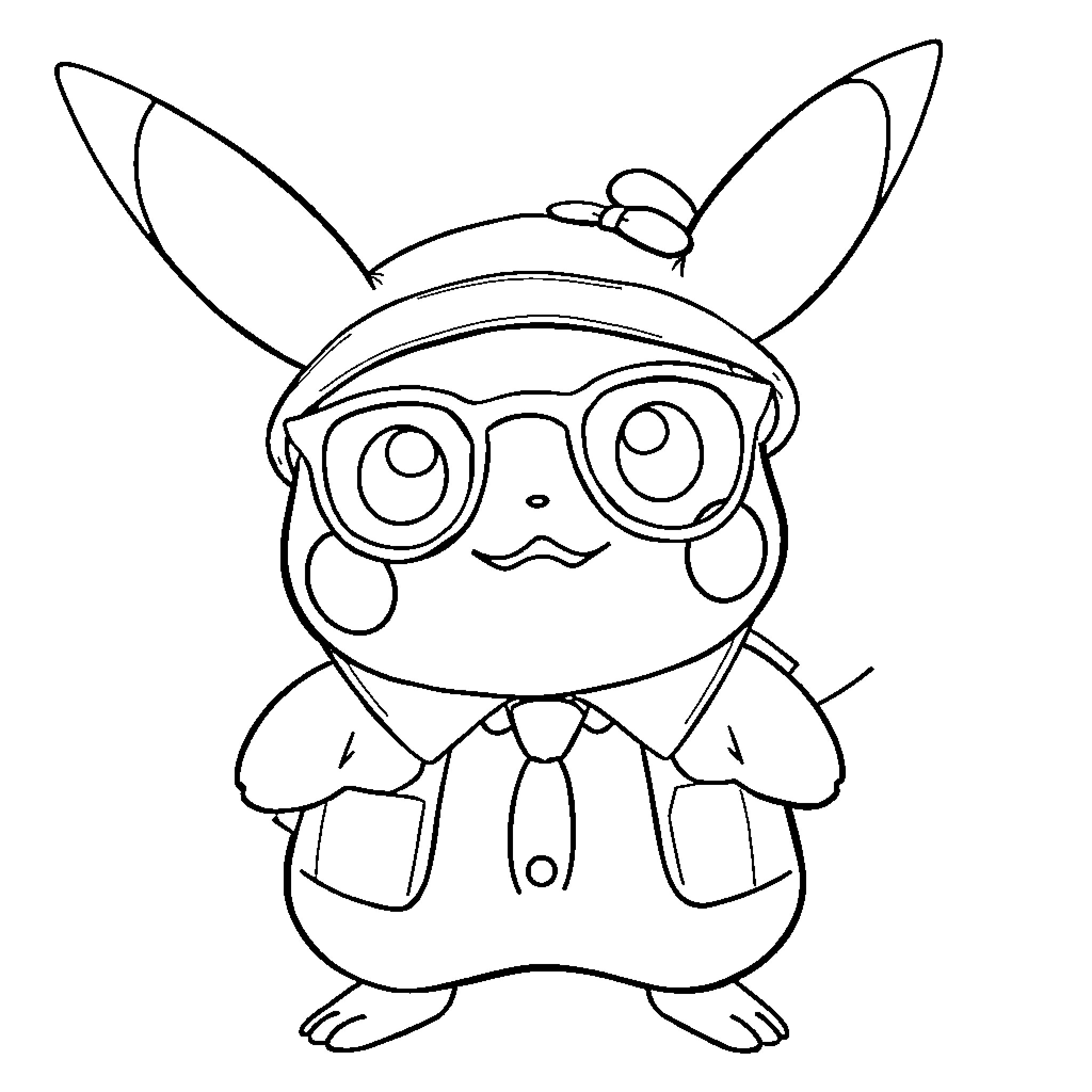 Pikachu dressed as a businessman with glasses Coloring Page (free black-and-white line drawing printable PDF for all, from beginners to advanced learners, including children, teens, adults, and seniors)