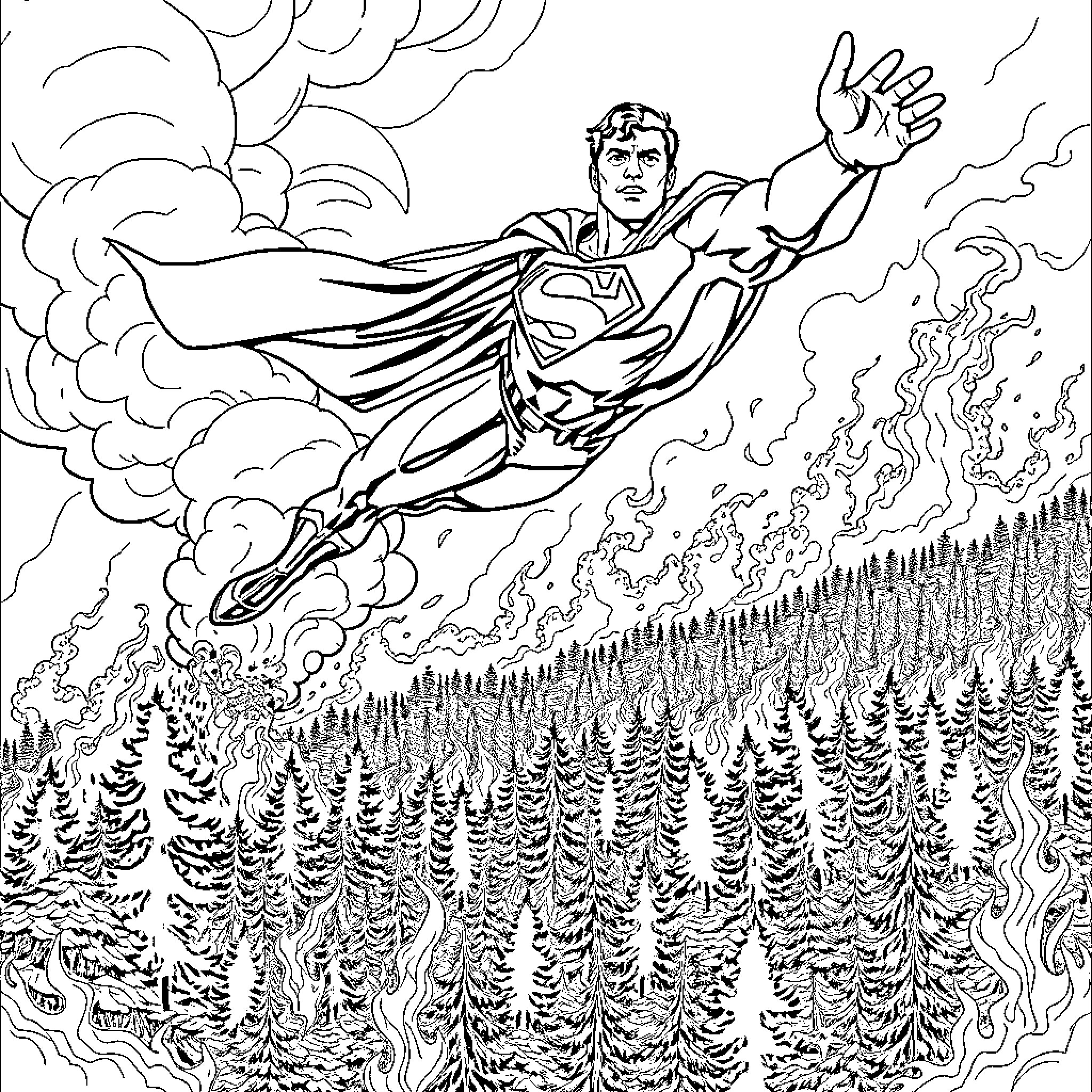 Superman flying over the forest in action Coloring Page (free black-and-white line drawing printable PDF for all, from beginners to advanced learners, including children, teens, adults, and seniors)