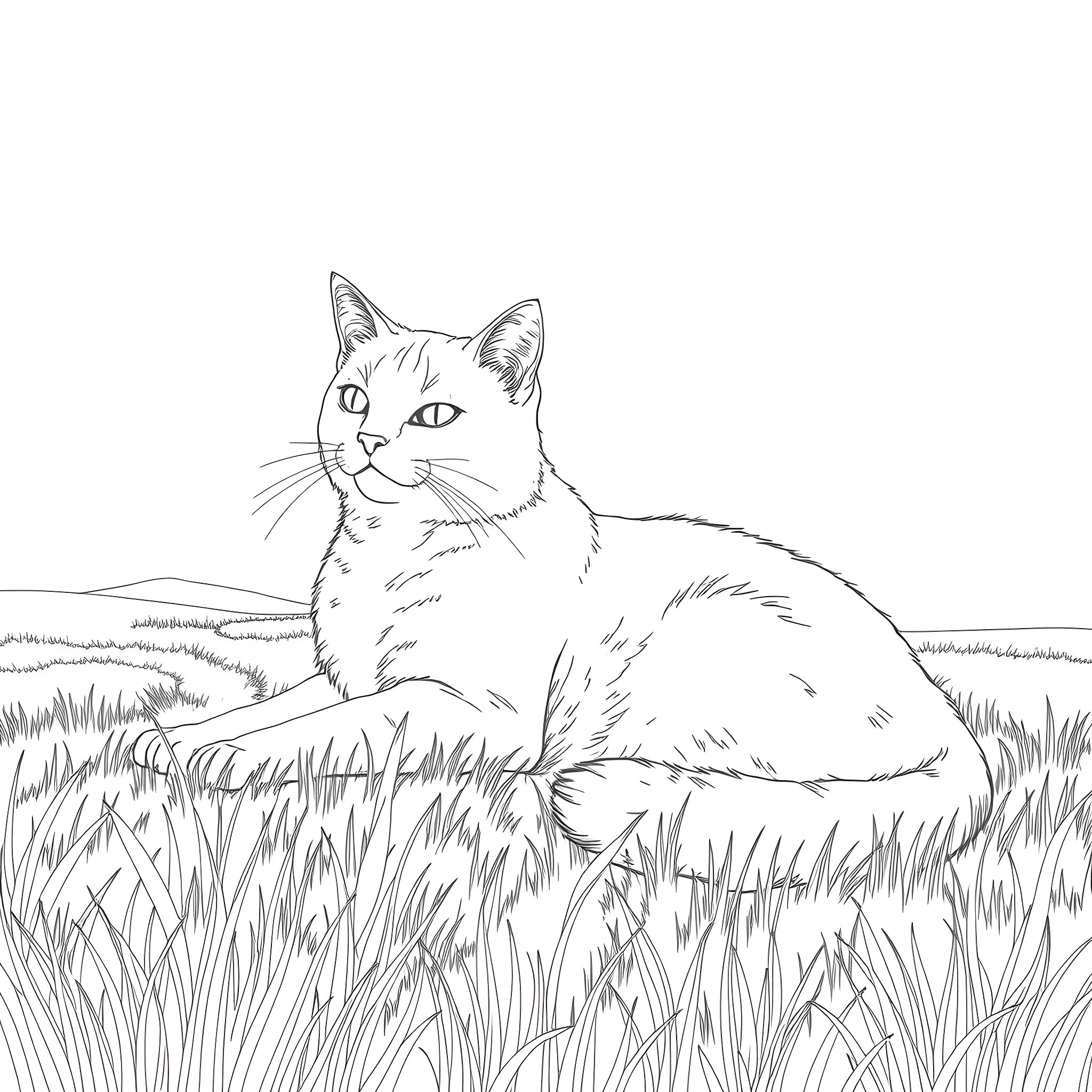 Cat resting in a grassy field Coloring Page (free black-and-white line drawing printable PDF for all, from beginners to advanced learners, including children, teens, adults, and seniors)