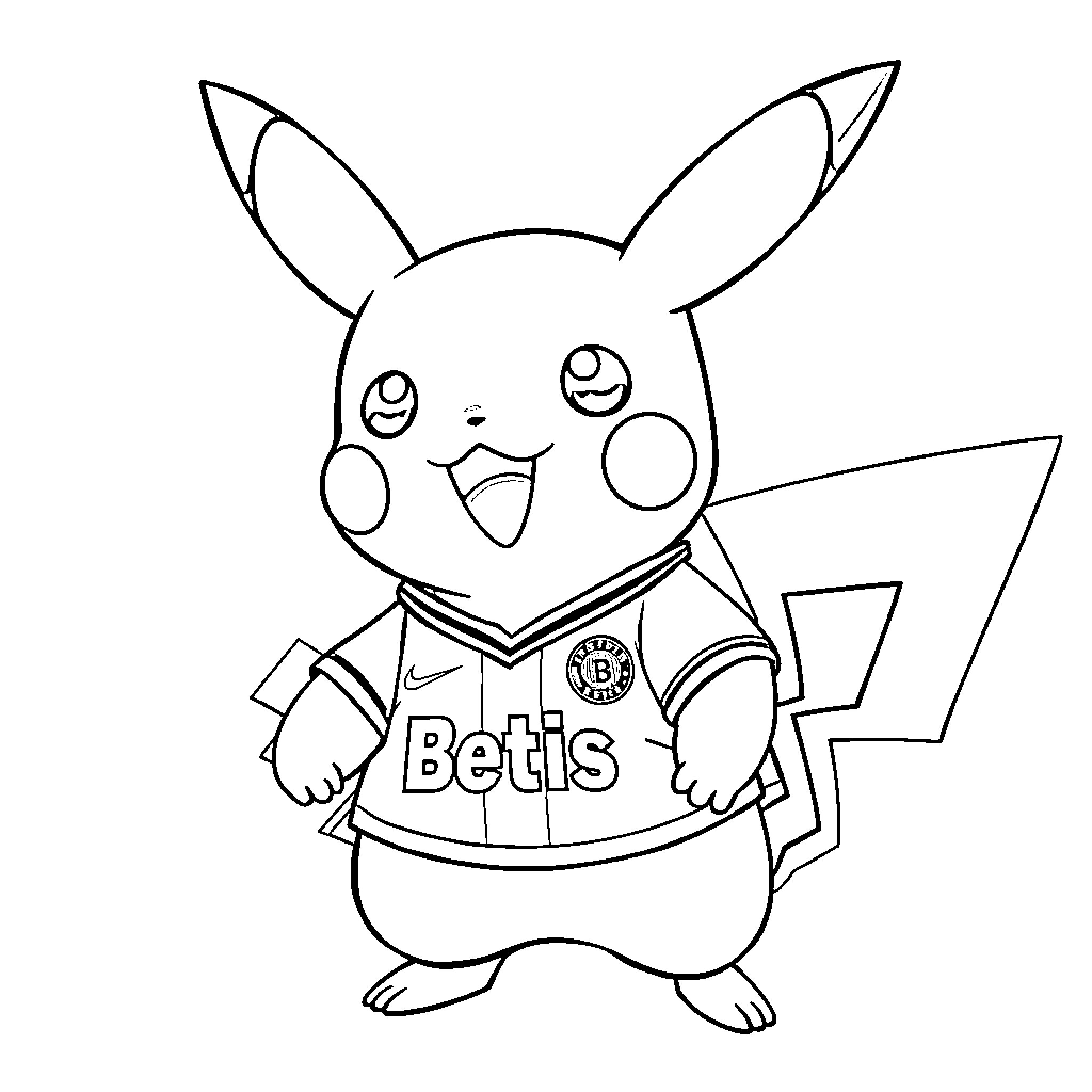 Pikachu wearing a team jersey Coloring Page (free black-and-white line drawing printable PDF for all, from beginners to advanced learners, including children, teens, adults, and seniors)