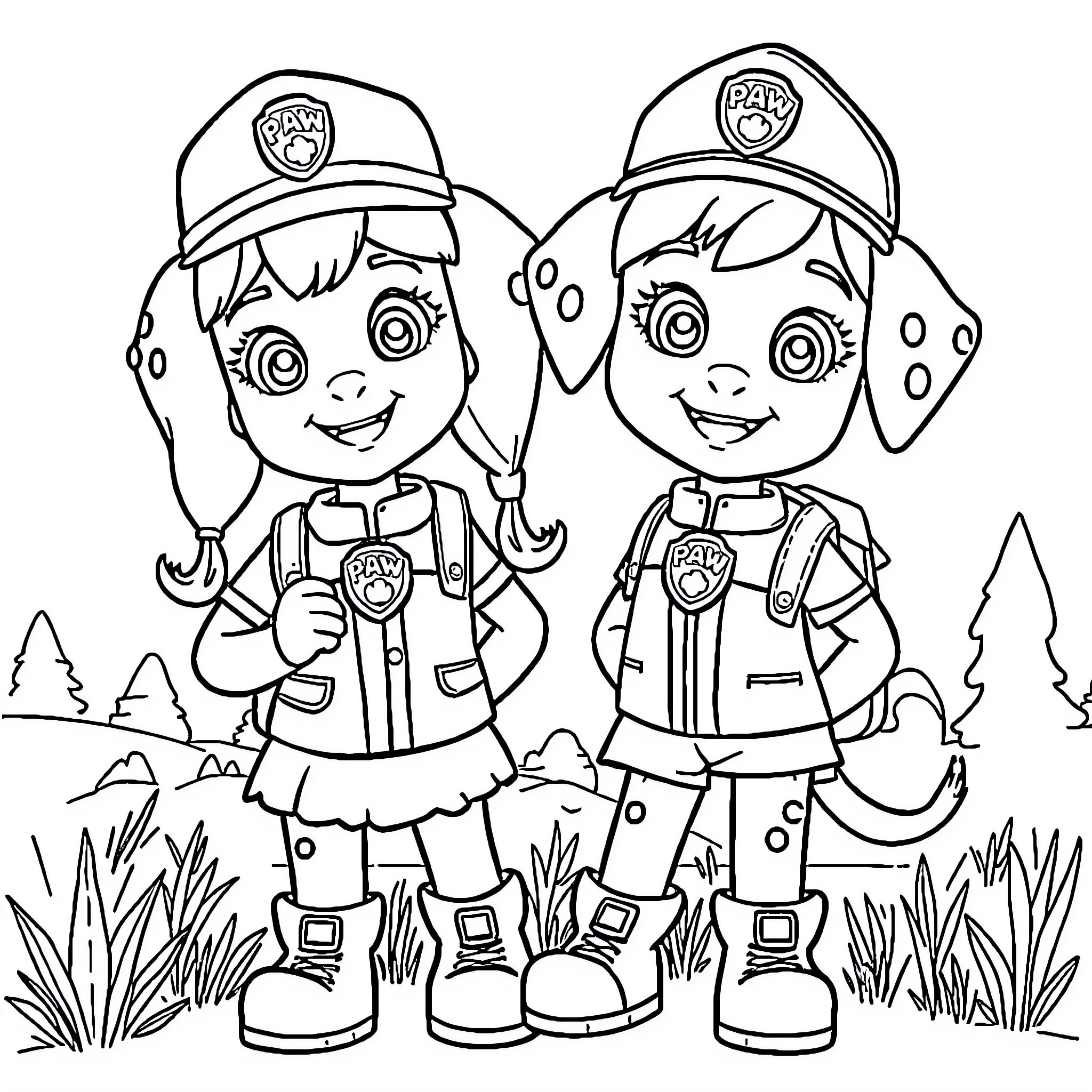 Twin Girls Dressed as Paw Patrol Officers Coloring Page (free black-and-white line drawing printable PDF for all, from beginners to advanced learners, including children, teens, adults, and seniors)