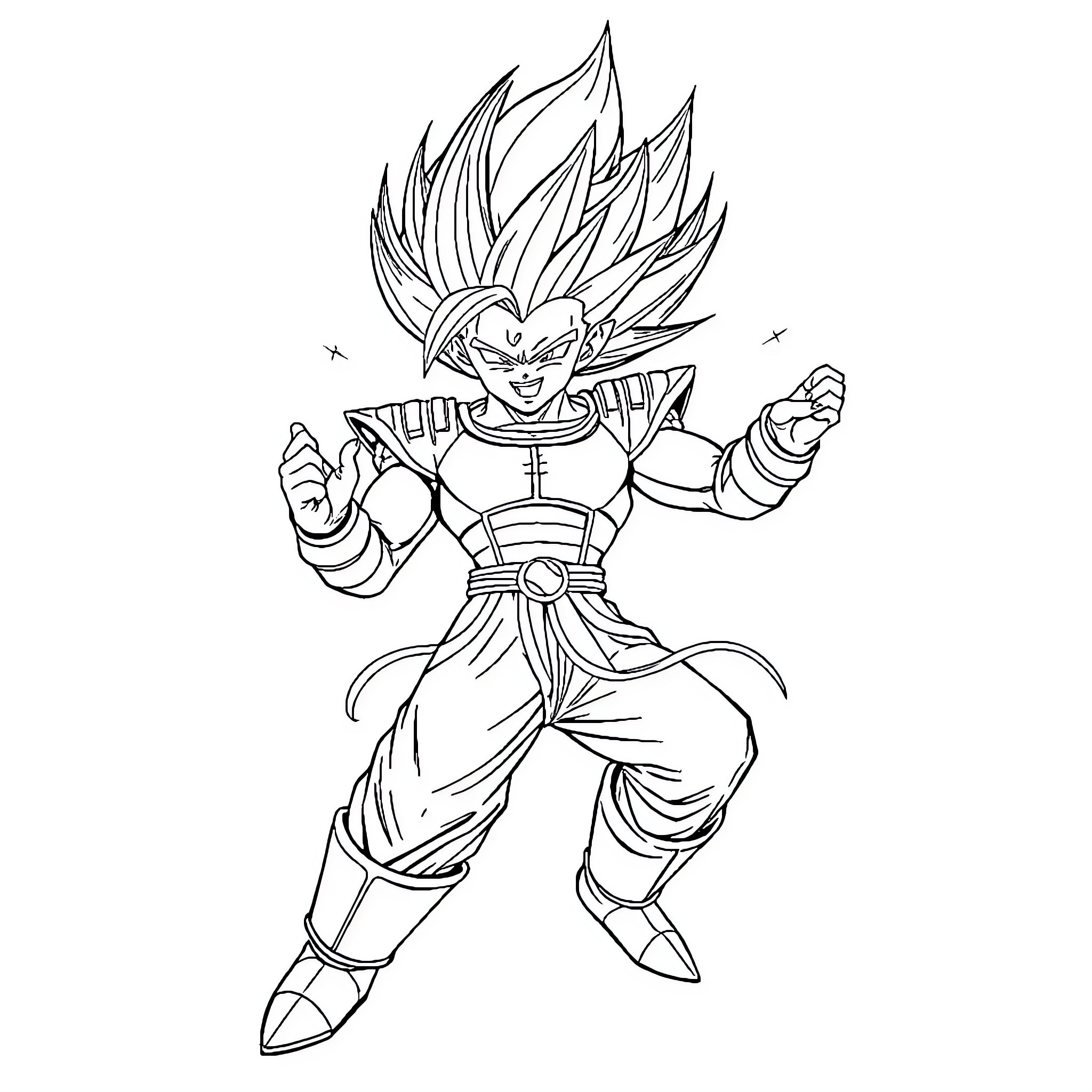 Vegeta in a powerful fighting stance Coloring Page (free black-and-white line drawing printable PDF for all, from beginners to advanced learners, including children, teens, adults, and seniors)