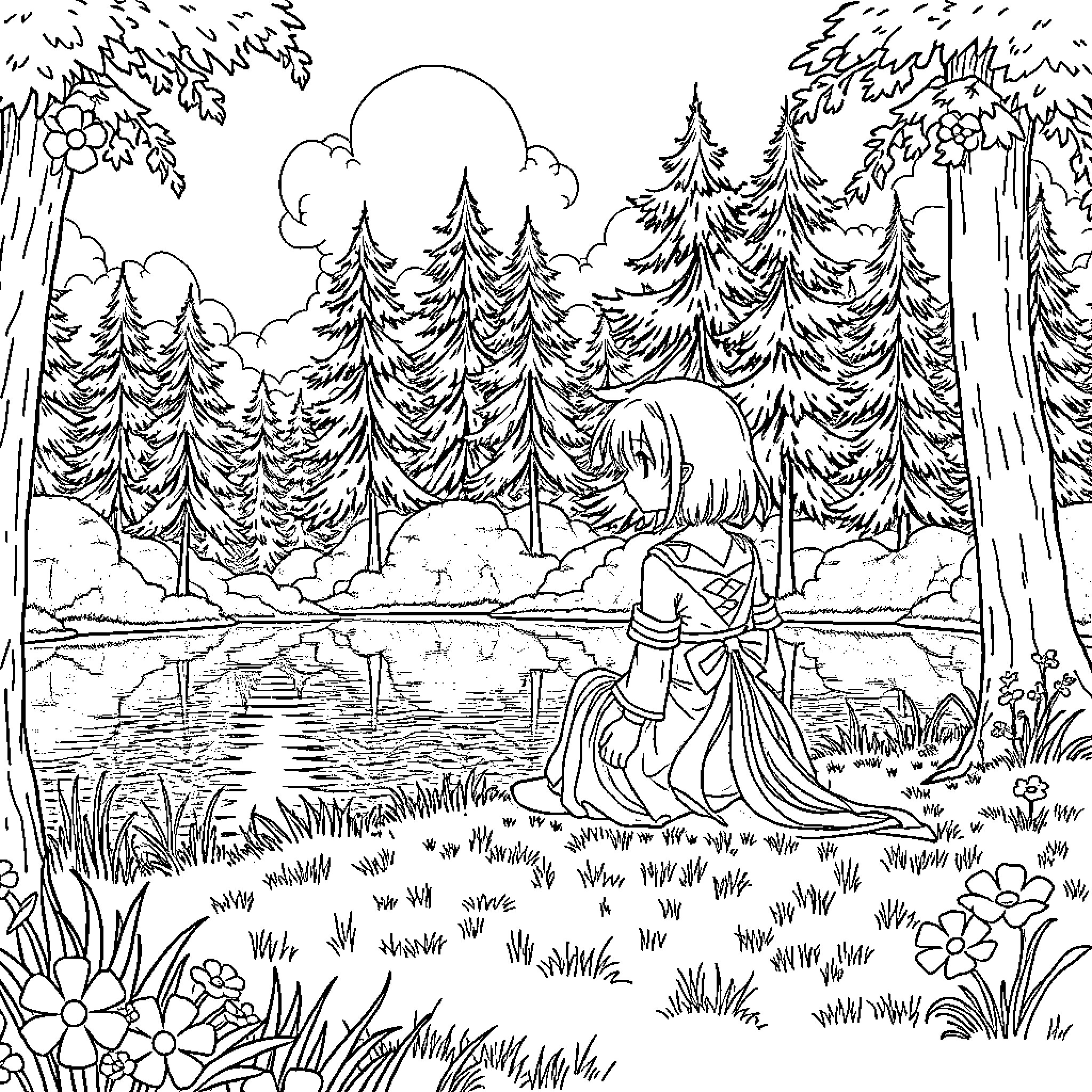 Tanjiro's serene moment in the peaceful forest Coloring Page (free black-and-white line drawing printable PDF for all, from beginners to advanced learners, including children, teens, adults, and seniors)