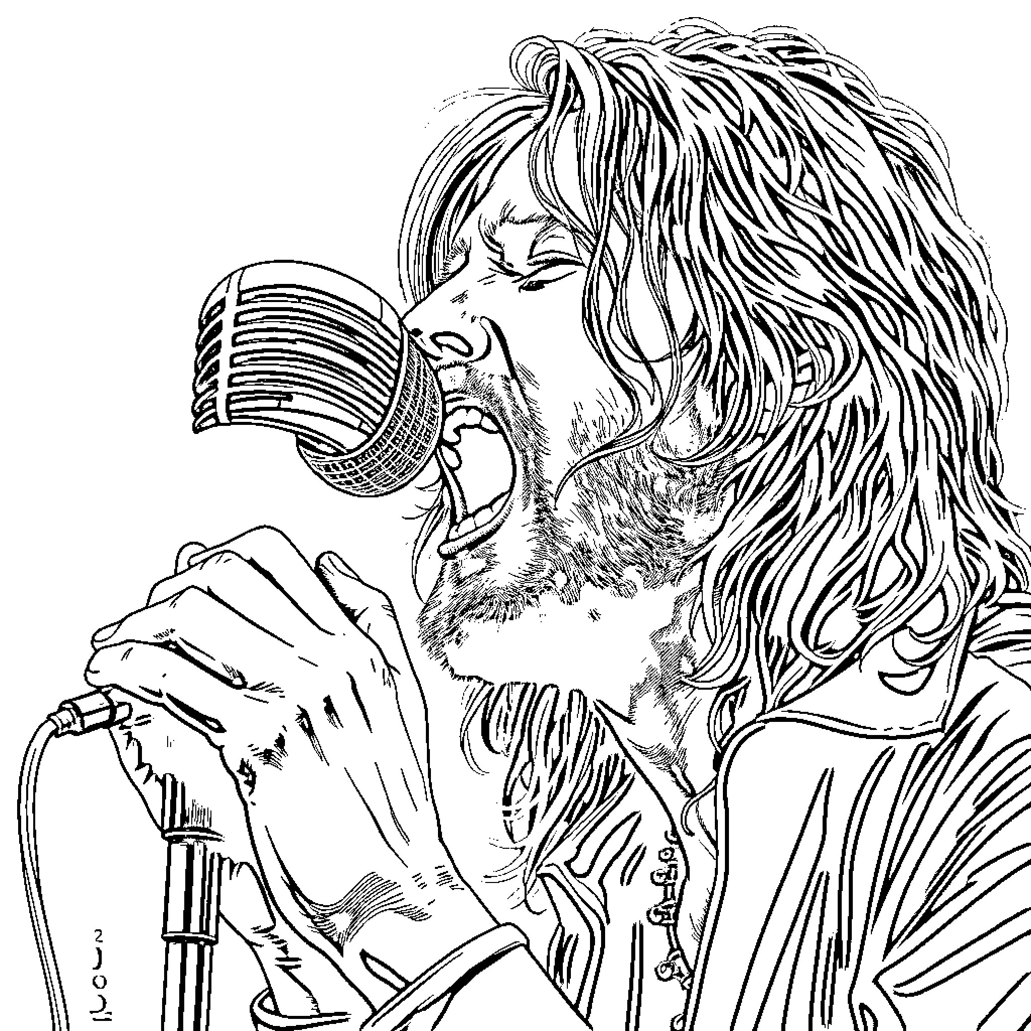 Layne Staley performing passionately on stage Coloring Page (free black-and-white line drawing printable PDF for all, from beginners to advanced learners, including children, teens, adults, and seniors)