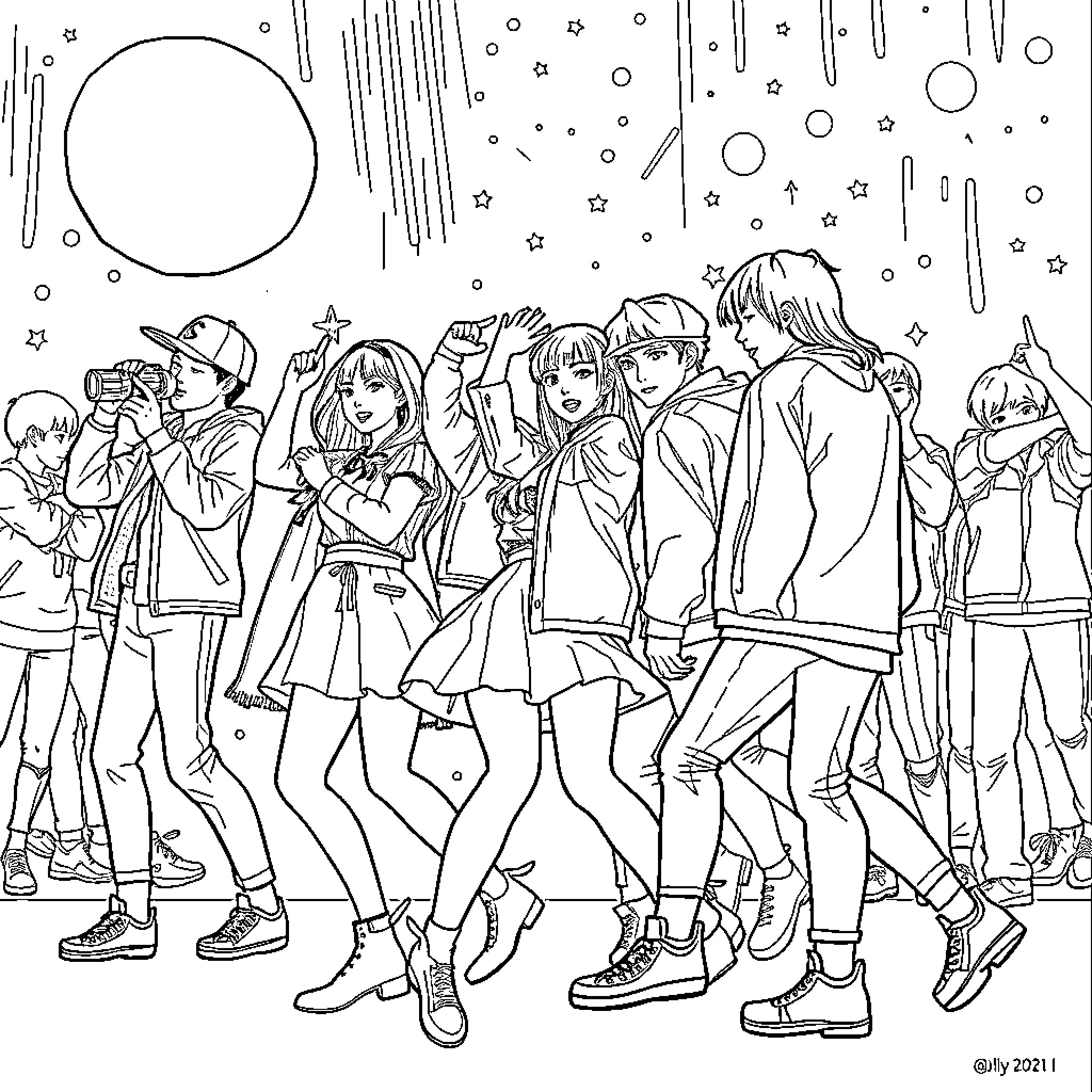 Kpop Hunter: Vibrant Performers in the Celestial Stage Coloring Page (free black-and-white line drawing printable PDF for all, from beginners to advanced learners, including children, teens, adults, and seniors)