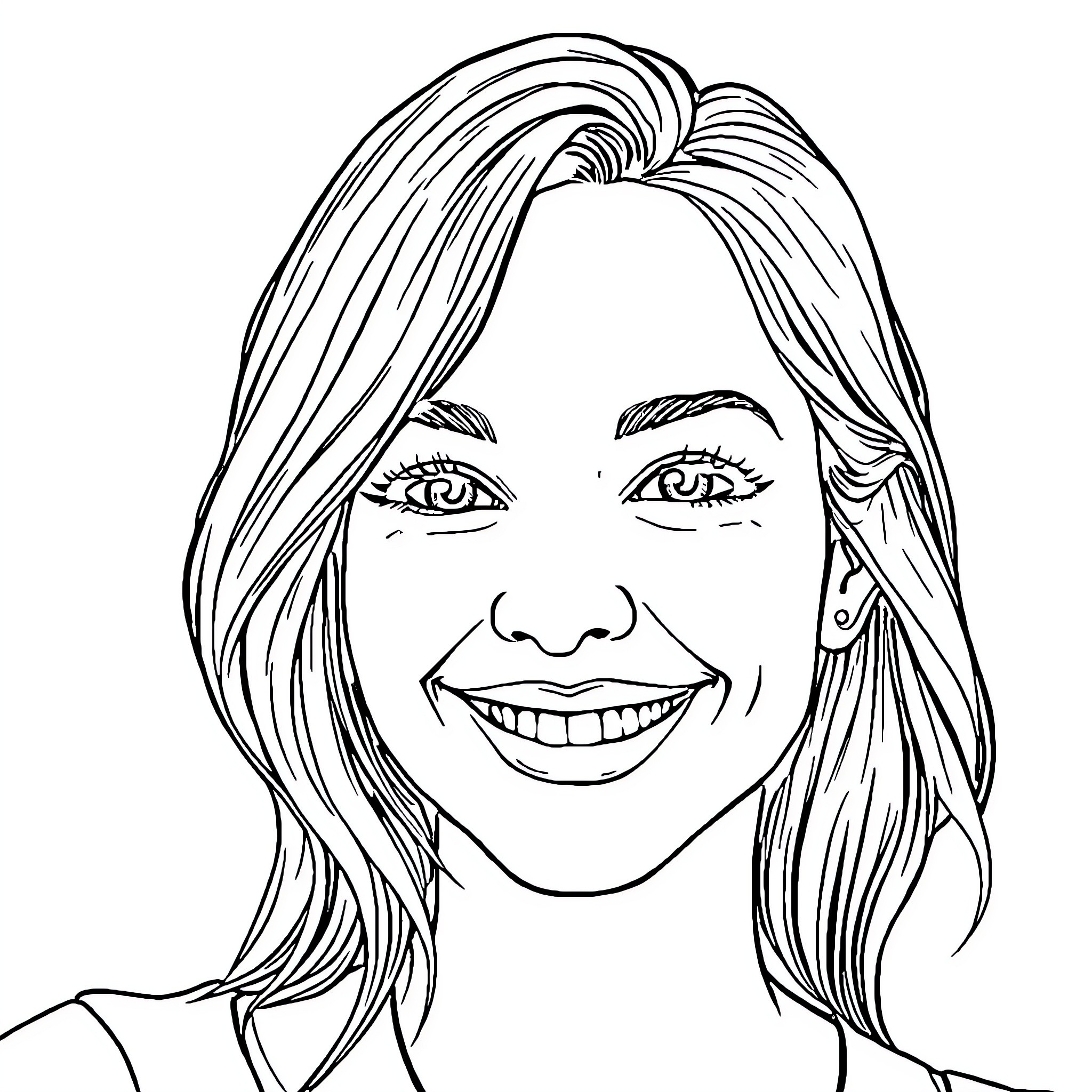 Image of a smiling woman with long hair Coloring Page (free black-and-white line drawing printable PDF for all, from beginners to advanced learners, including children, teens, adults, and seniors)