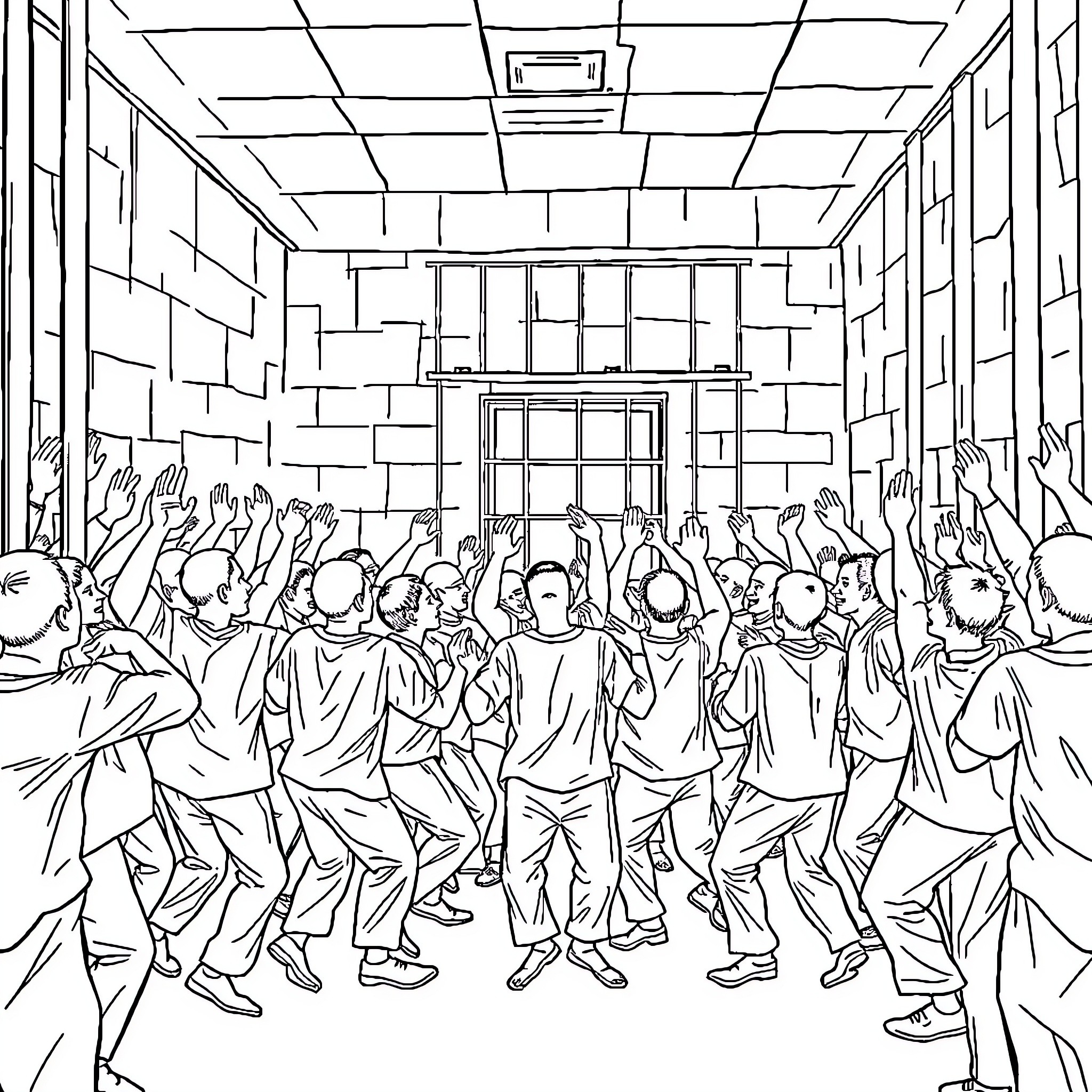 Inmate Revolt in Prison Corridor Coloring Page (free black-and-white line drawing printable PDF for all, from beginners to advanced learners, including children, teens, adults, and seniors)