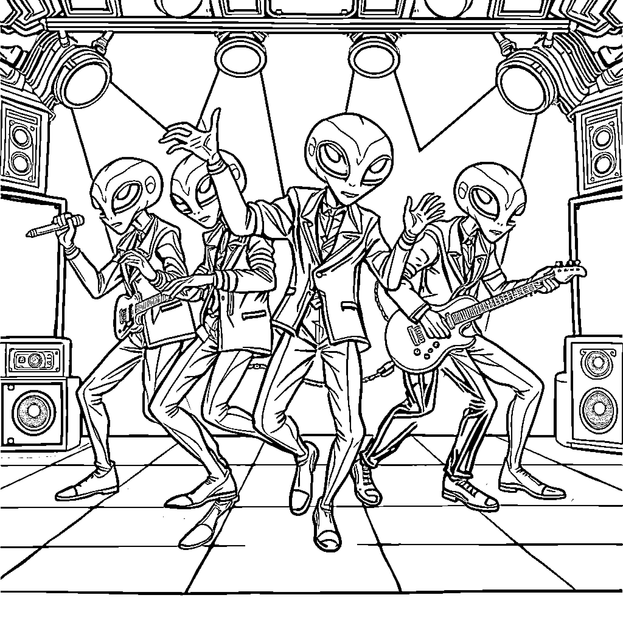 Alien Band Performing on Stage Coloring Page (free black-and-white line drawing printable PDF for all, from beginners to advanced learners, including children, teens, adults, and seniors)
